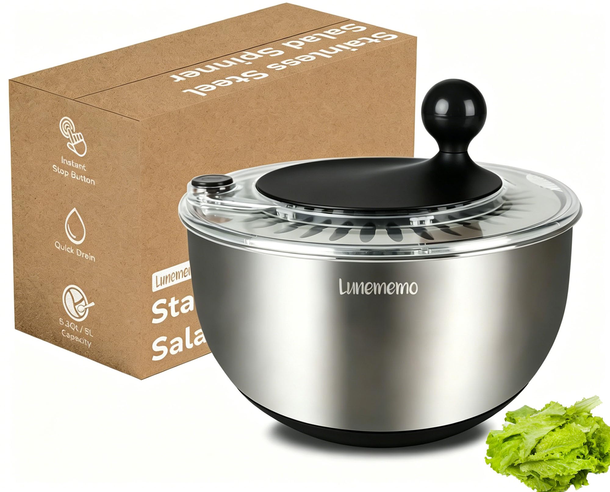 Lunememo Centrifugador de ensalada de acero inoxidable, giratorio de lechuga con drenaje, base antideslizante, botón de parada, secadora de verduras, sin BPA, 5.3 cuartos de galón, color negro