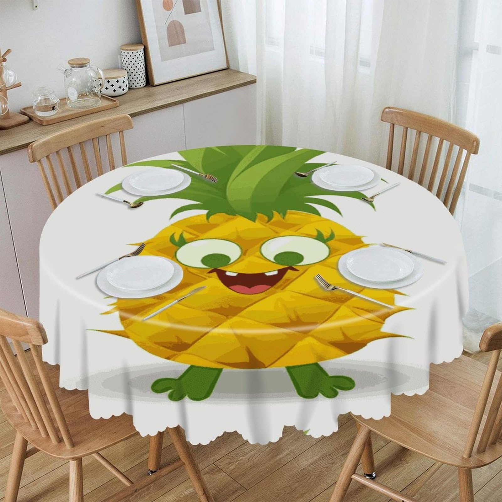 MUSM Pineapple Table Cloths Round Wrinkle Resistant Tablecloths Washable Polyester Table Cover Waterproof Decorative Washable Rustic Circle Tablecover for Kitchen Dining