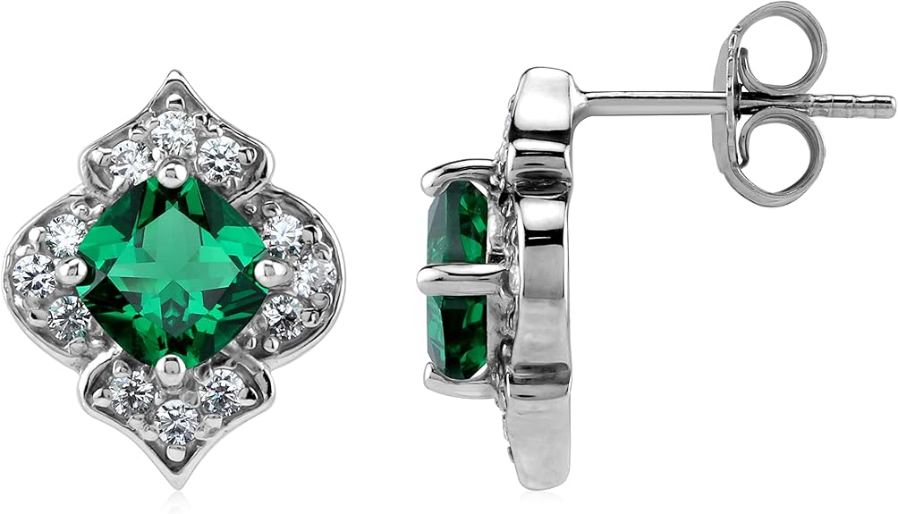 Silvershake  | arete de plata de ley 925 con piedras preciosas de nacimiento creadas o auténticas, estilo clásico, joyería para mujer, boda, aniversario, atuendo de negocios, Plata de ley, esmeralda verde