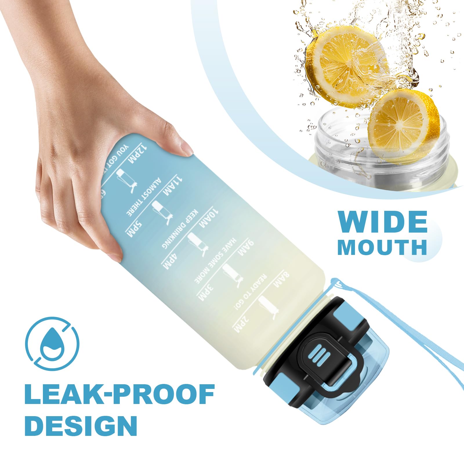 JAPORIA Borraccia 500ml, Borraccia con Cannuccia, Antigoccia, Bottiglia Acqua Motivazionale con Indicatore del Tempo, per Ufficio, Lavoro, Yoga