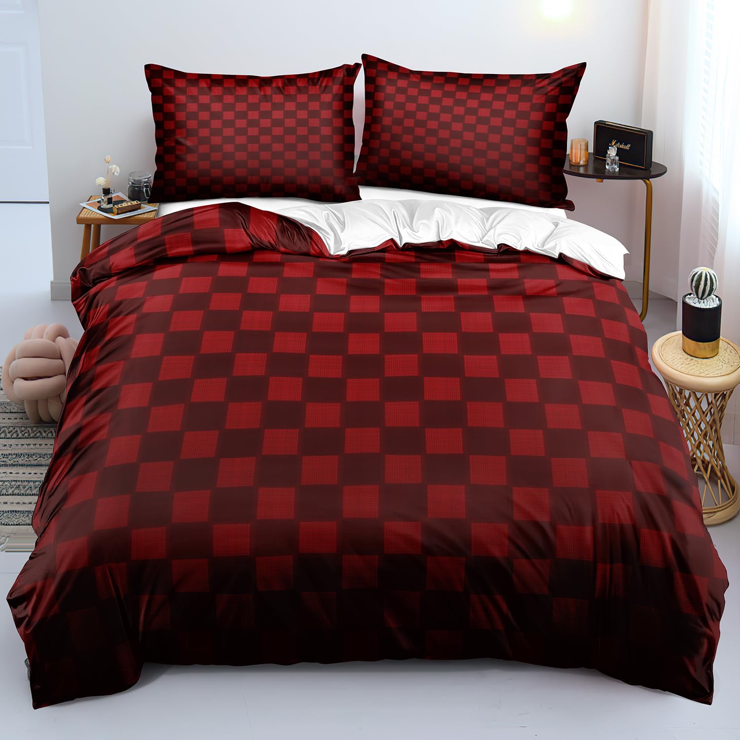 Housse de couette à carreaux rouges anti-plis parure de lit lavable facile