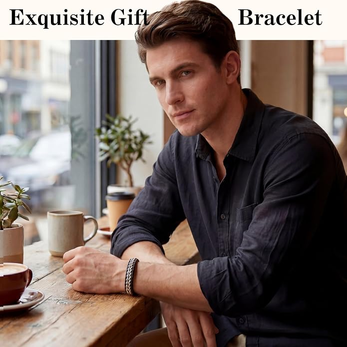 Pulsera de cuero trenzado para hombre con acero inoxidable miniatura 6