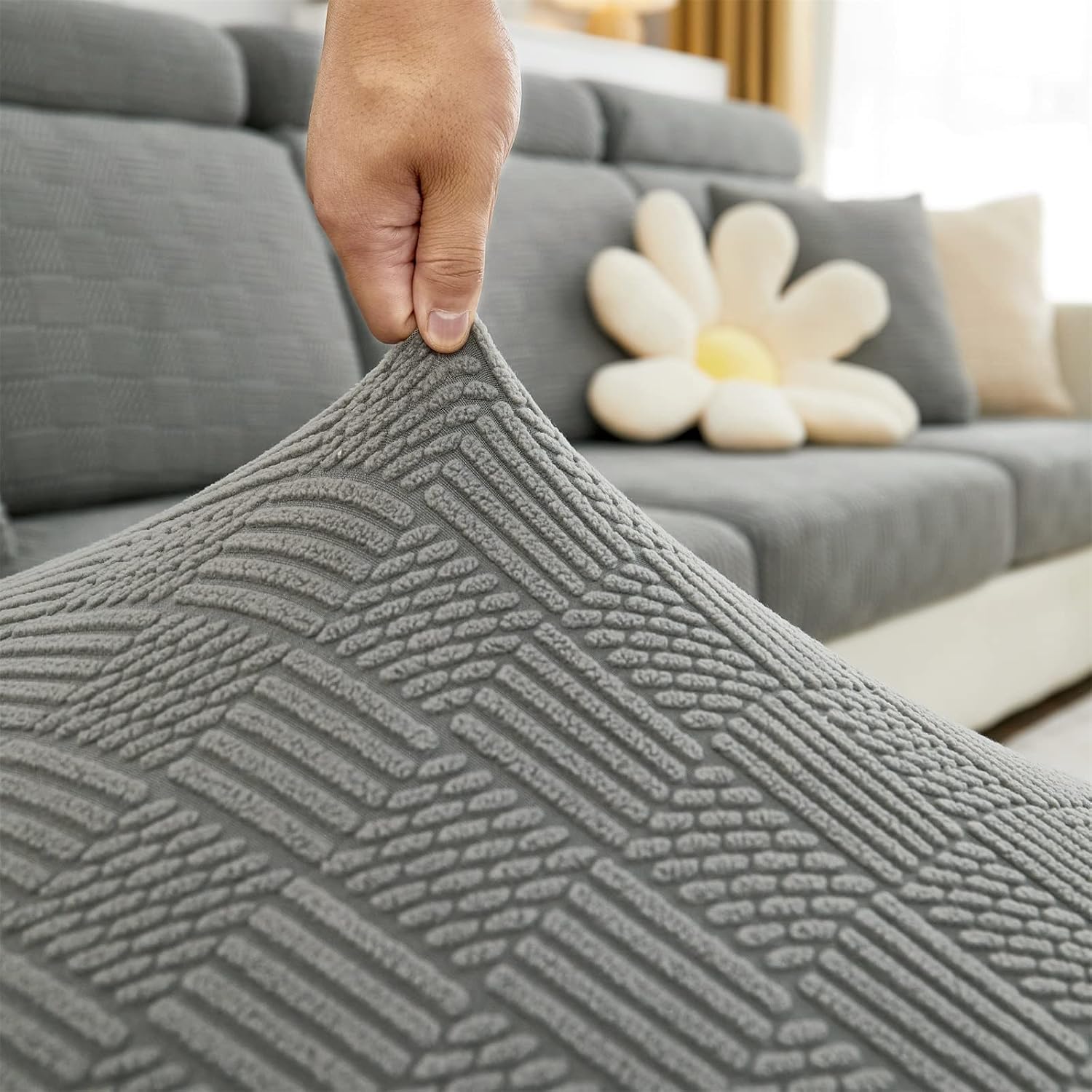 Universal Sectional Couch Cover, Stretch Loveseat Slip Covers for Sofas, Replacement Sofa Cushions L Shape, Love Seat Cover for Couches, Chaise Lounge Furniture Protector(Light Gray,Double Seat Cover)