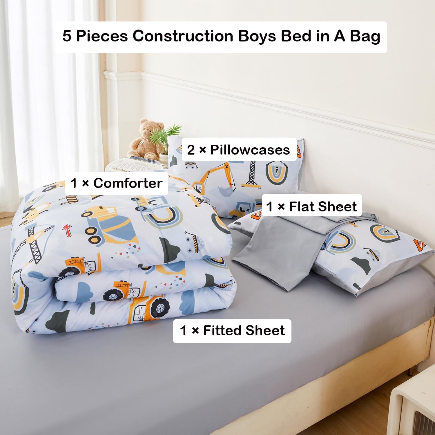 ANGIYUIN 5 Pieces Construction Twin Size Comforter Set for Boys Kids Cartoon Car Excavator Tractor Bed in A Bag with Sheets Ultra Soft Fluffy Bedding Set - Image 4