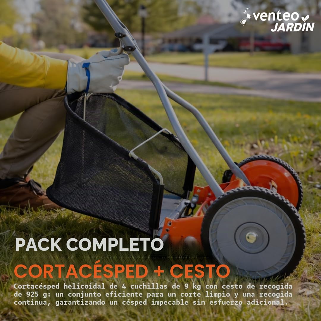 VENTEO - Juego de cortadora helicoidal manual de 4 cuchillas con bandeja | Cortadora manual de corte helicoidal sin electricidad | Cortacésped y bandeja de recogida extraíble | Mantenimiento de césped