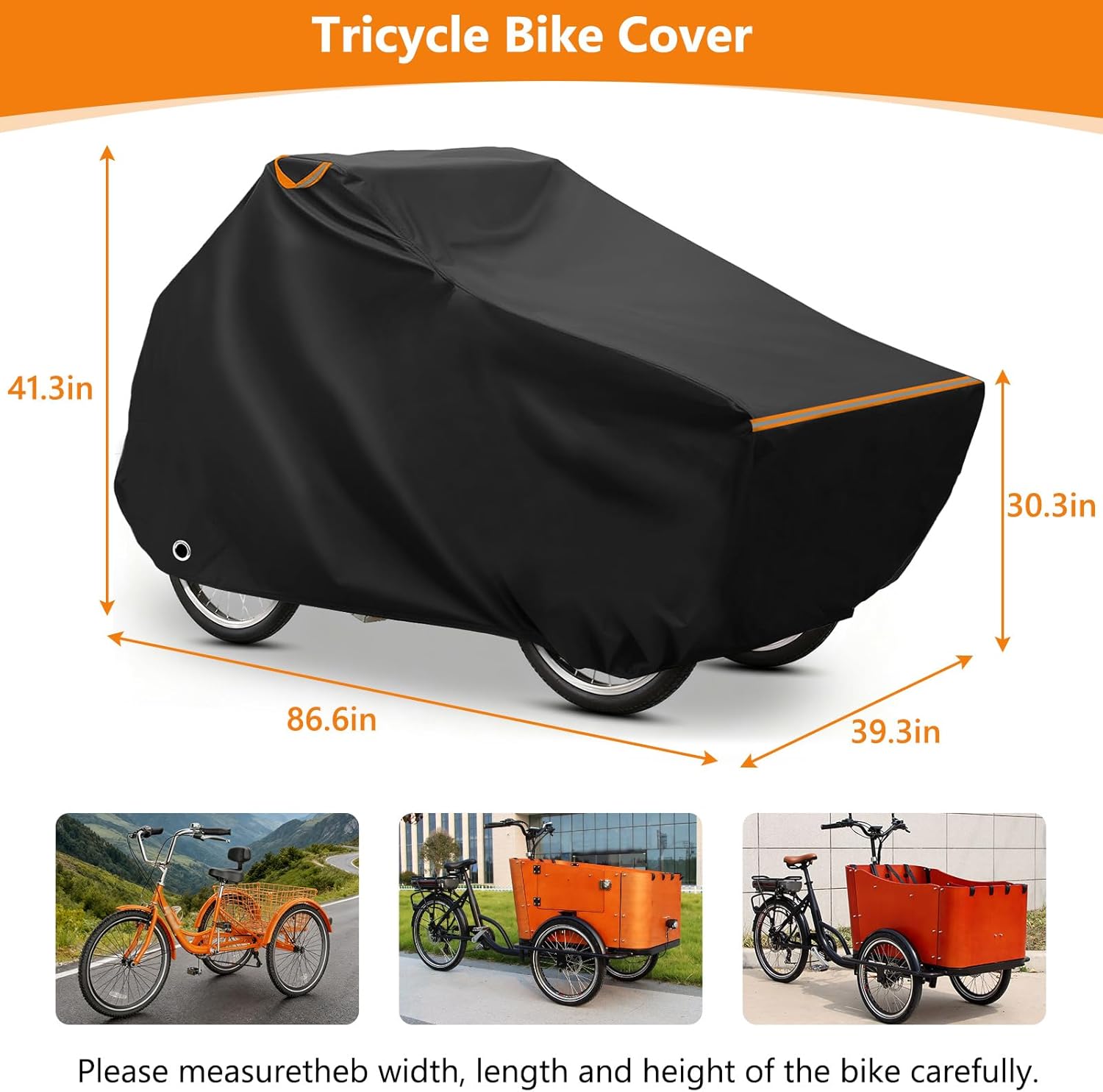 AKEfit Cargo Bike Cover, Bike Covers Outdoor Storage Waterproof, Adult Tricycle Cover, Heavy Duty Bicycle Tarp for Electric Large Cargo Bike, Windproof Ebike Cover, Black