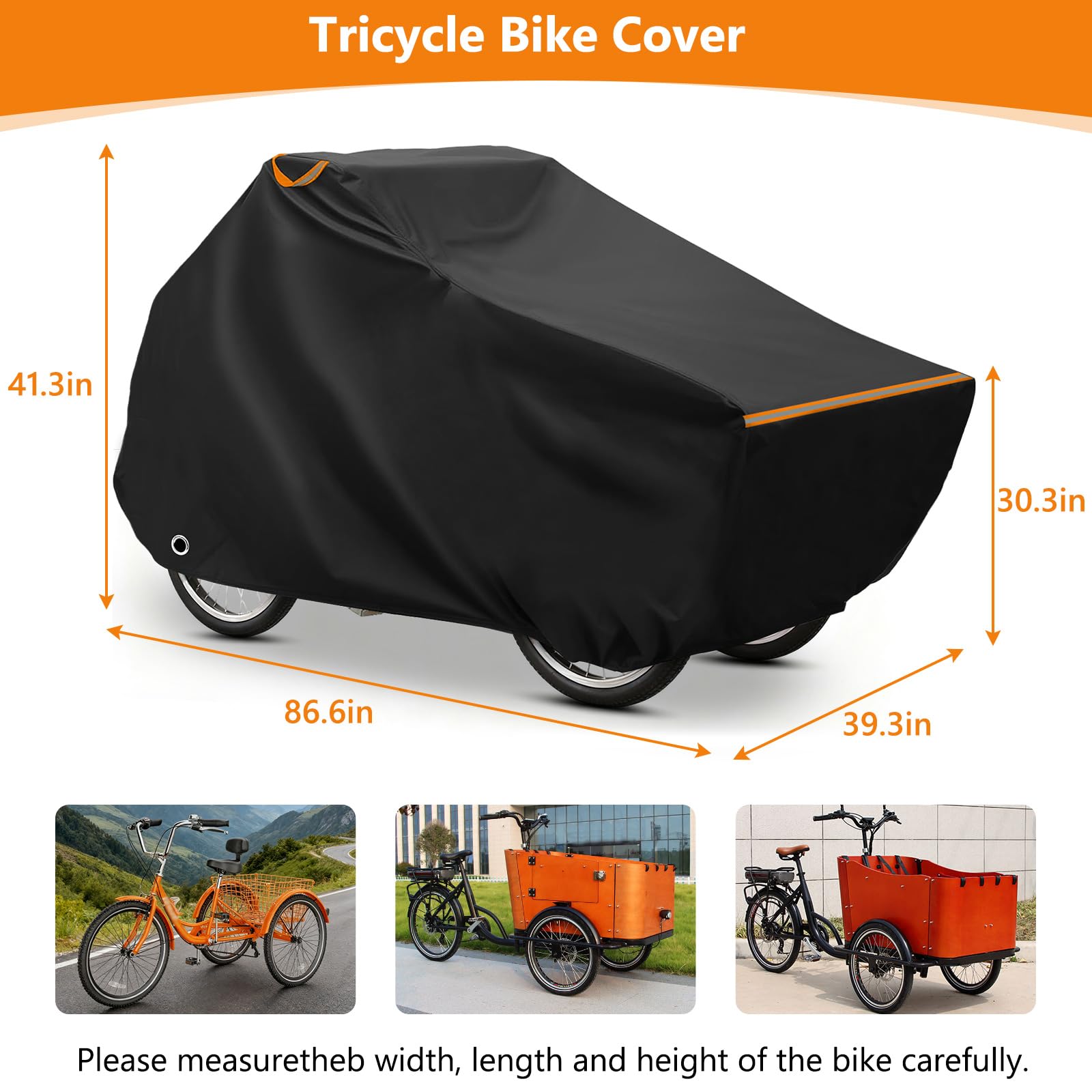 AKEfit Cargo-Fahrradabdeckung, Fahrradabdeckungen, Outdoor-Aufbewahrung, wasserdicht, Dreiradabdeckung, robuste Fahrradplane für elektrisches großes Lastenrad, winddichte E-Bike-Abdeckung, schwarz