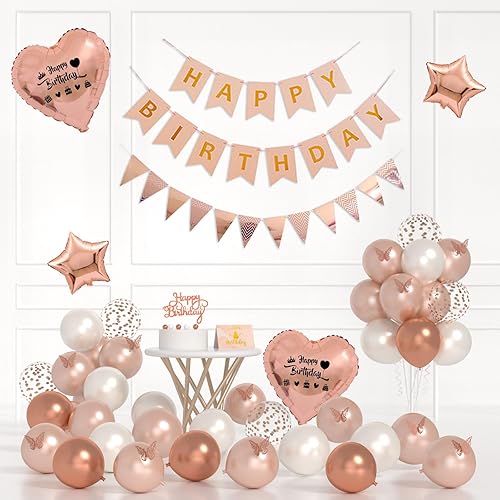 Rose Gold Birthday Decorations For Women/Girls, Rose Gold White Balloons, Triangle Flag And Banner, Love Foil Balloons With Birthday And Butterfly Stickers And Cake Topper