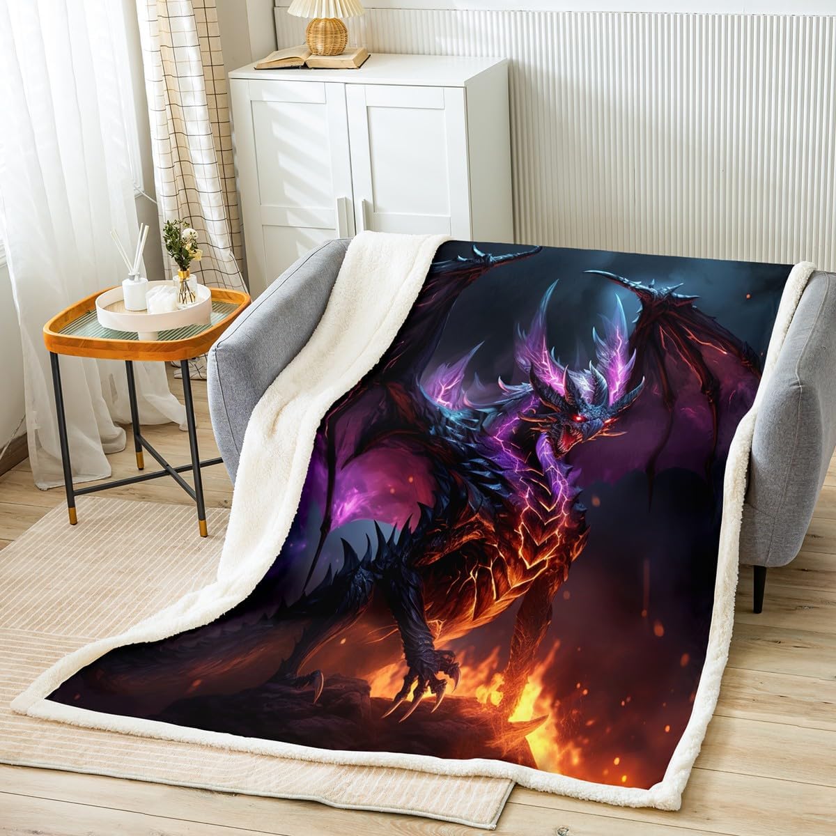 Black Dragon Throw Blanket for Couch - Magic Animal Fleece, Neon Purple Lightning, Fire Flames Bed Blanket - Kids 3D Dragon Theme