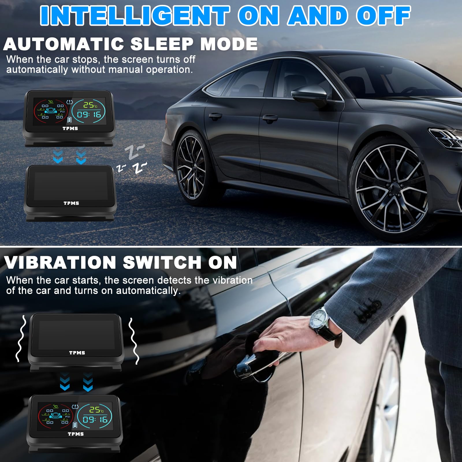 TPMS(0-6.5Bar) Sistema Monitoreo De PresióN De NeumáTicos Carga Solar USB, 4 Sensor Presion Neumaticos 5 Modos De Alarma Monitorización（Temperatura y presión etc.）para Coche SUV Furgoneta