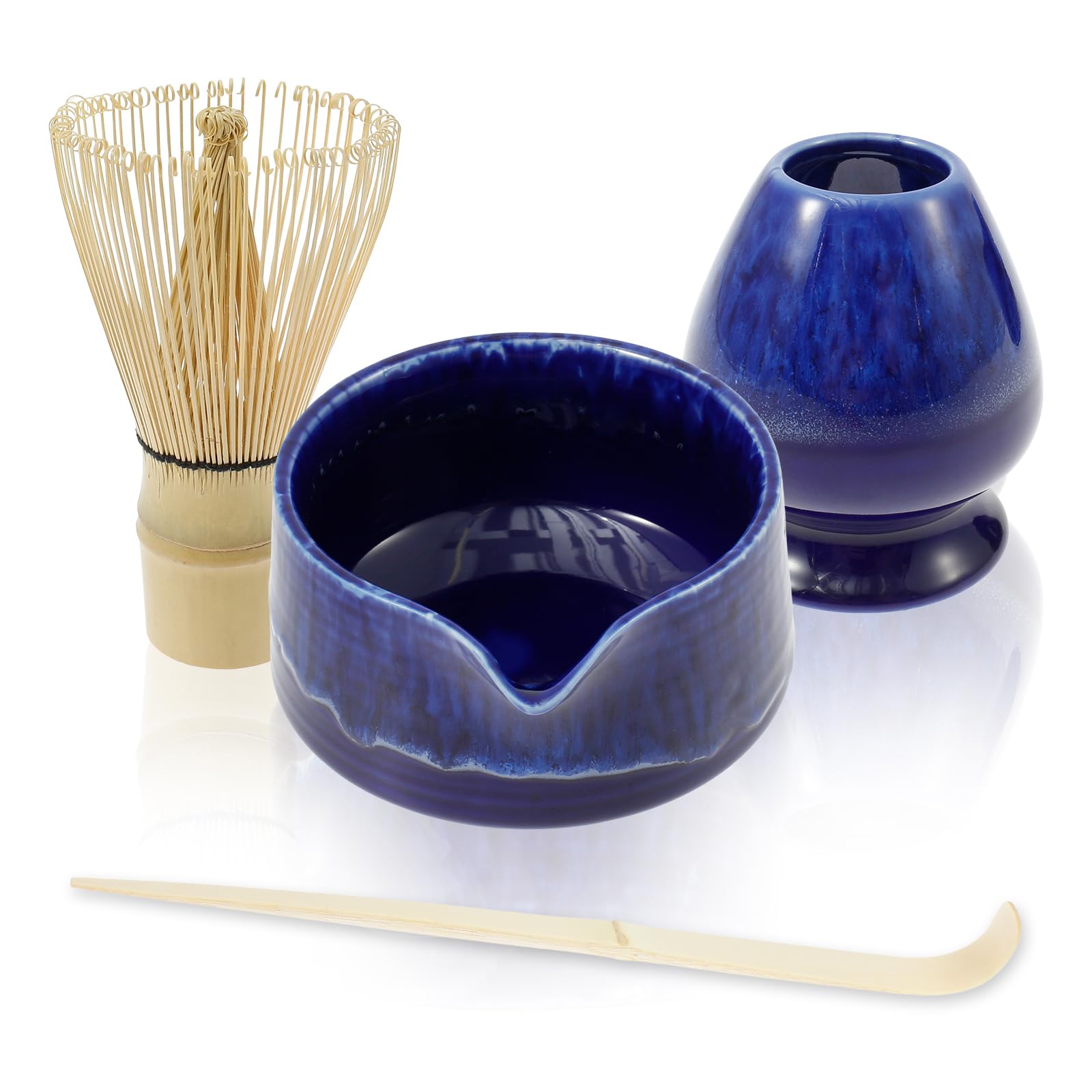 4 Pcs Matcha Whisk Set, Complete Matcha Tea Set, Includes Matcha Bowl with Mouth Matcha Whisk and Holder Bamboo Scoop,Practical Matcha Whisk Set for Matcha Tea Lovers(Blue)