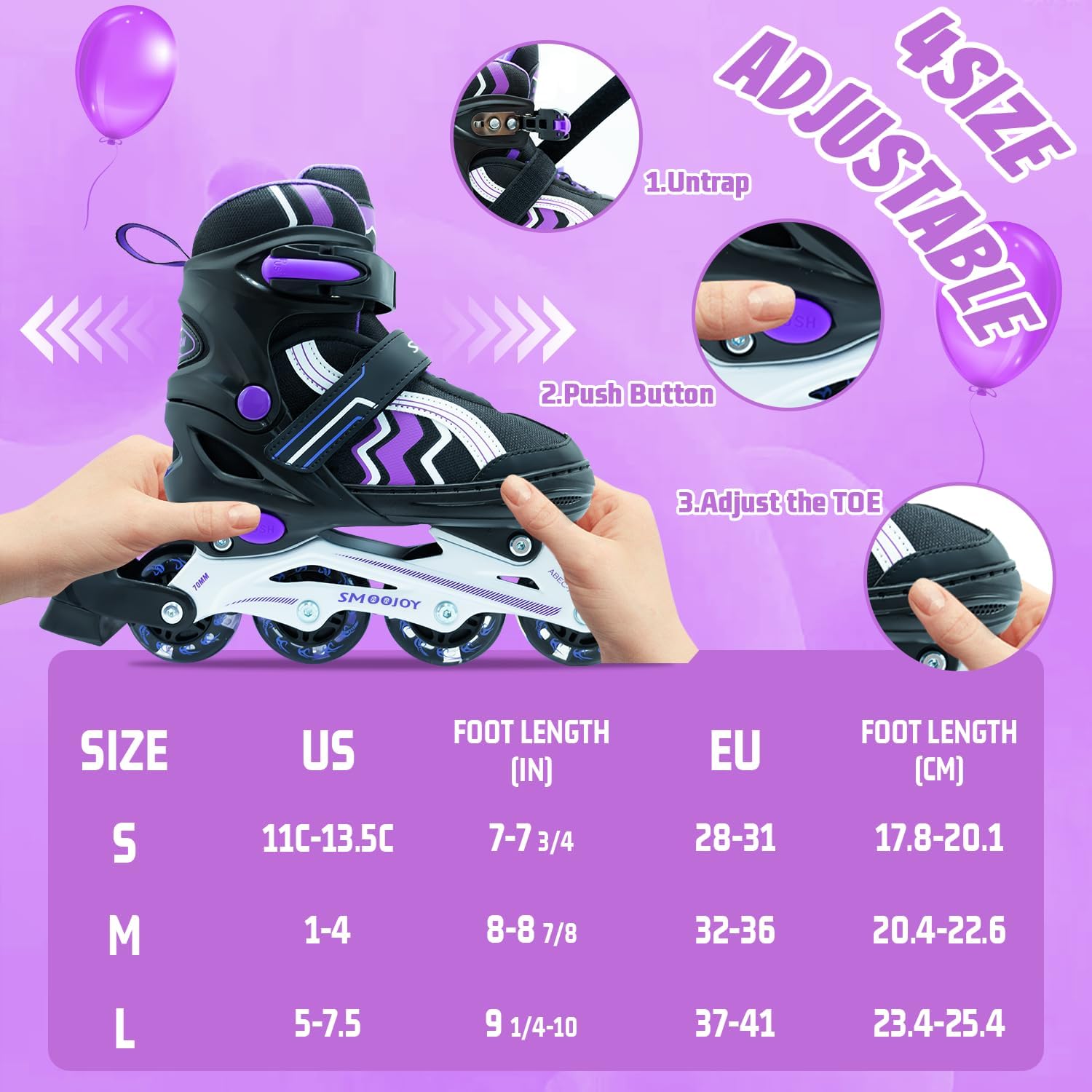 Inline Skates for Kids 4 Size Adjustable Light-Up Wheels Aluminum Frame Black Rose Red Blade Skate for Boys and Girls S, M, L Sizes, Ages 5-8, 6-12, for Beginners Indoors and Outdoors