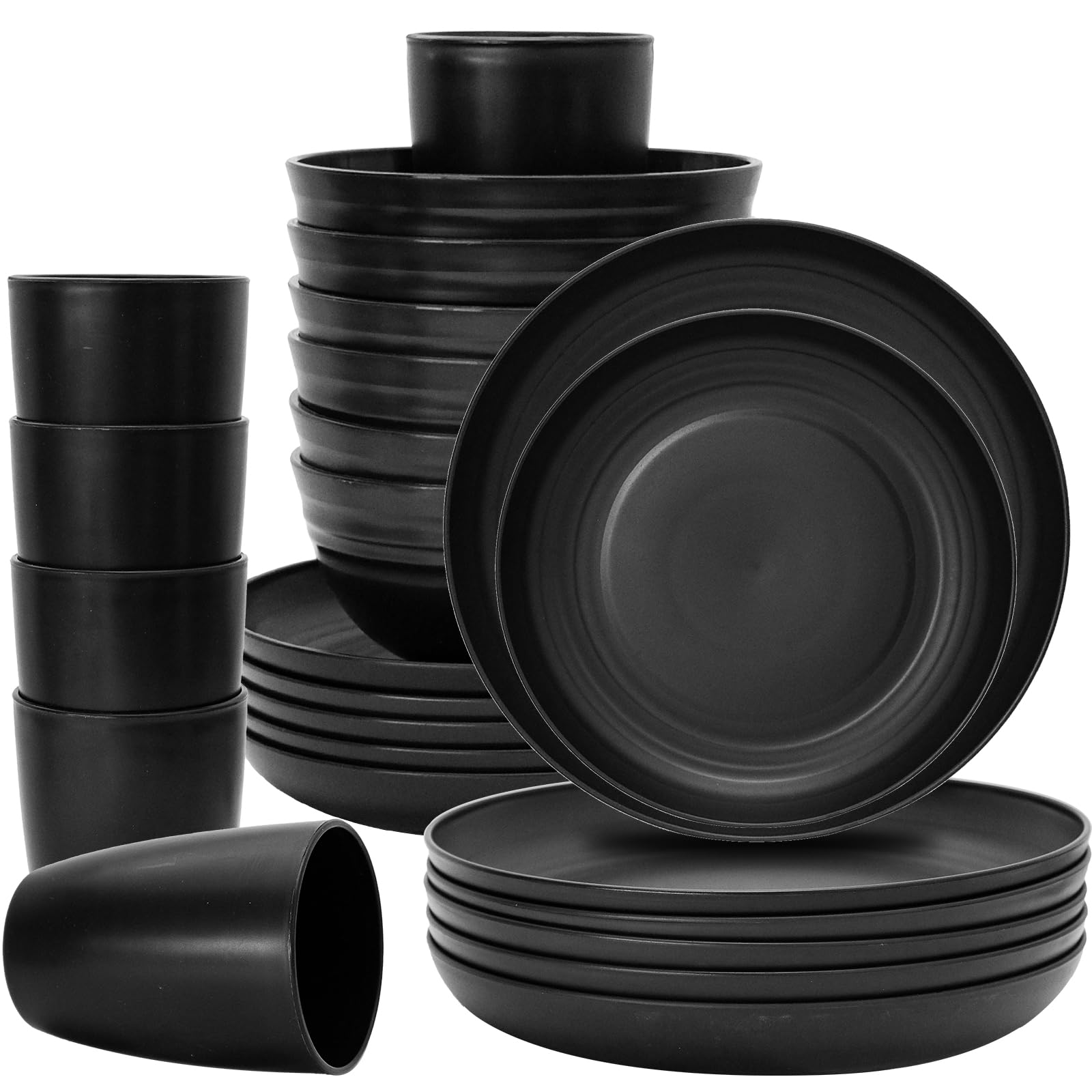 Plastic Dinnerware Sets for 6, Osonm 24PCS Lightweight Unbreakable Plates Bowls Cups Sets, Dishwasher Microwave Safe Dishes Set for Camping, RV, Picnic, Kitchen, Great for Kids & Adults, Black