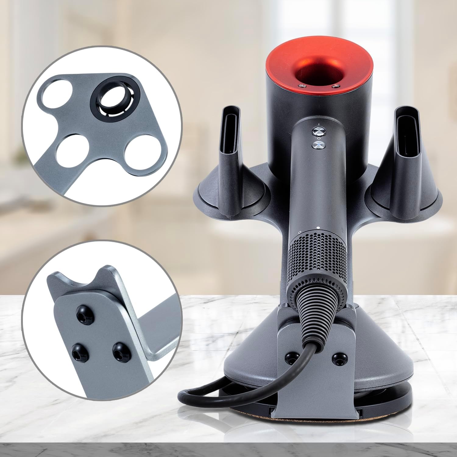 MyGift Blow Dryer Stand Holder for Dyson Supersonic Hair Dryer, Premium Sleek Gunmetal Gray Metal All-in-One Professional Salon Appliance Rack Dock with Magnetic Styling Attachment Slots