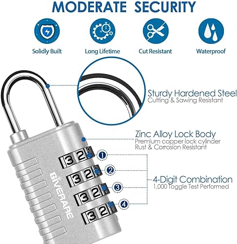 Miniatura 3 de Paquete de 4 cerraduras de combinación, candado de 4 dígitos sin llave, cerraduras de equipaje de metal reiniciables, cerradura de viaje de aleación