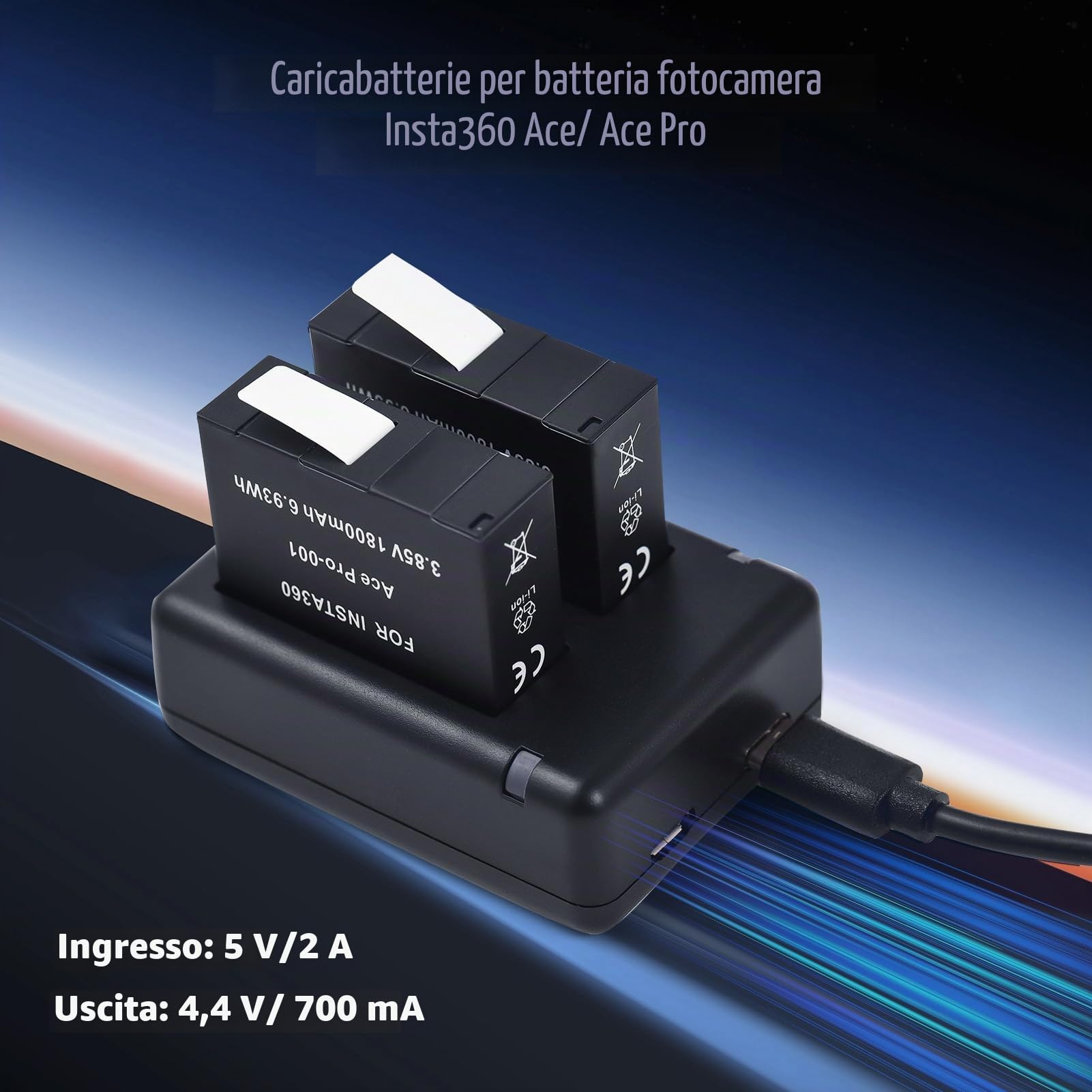 Andoer Batteria Caricabatterie Kit Doppio Caricabatterie Rapido Kit Batteria e Caricabatterie per Fotocamera Sportiva per Scheda Compatibile con Fotocamere Insta360 Ace/Ace PRO