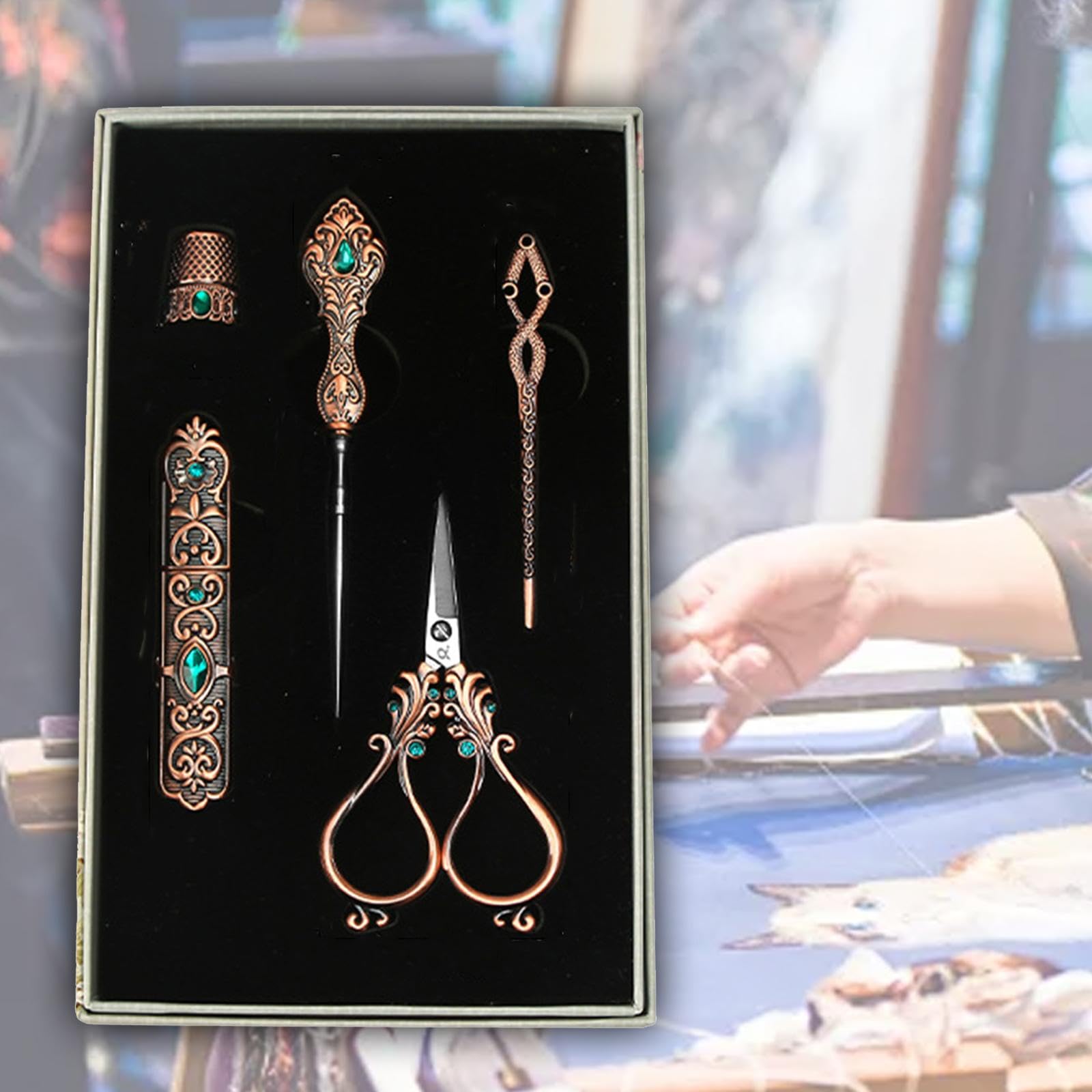 Stickerei Schere Set Nähset Stickwerkzeug Pin Nadelröhrchen Fingerhut Ergonomisch Benutzerfreundlich Klassischer Stil für Heimwerken Basteln Geschenk, Rotbronze