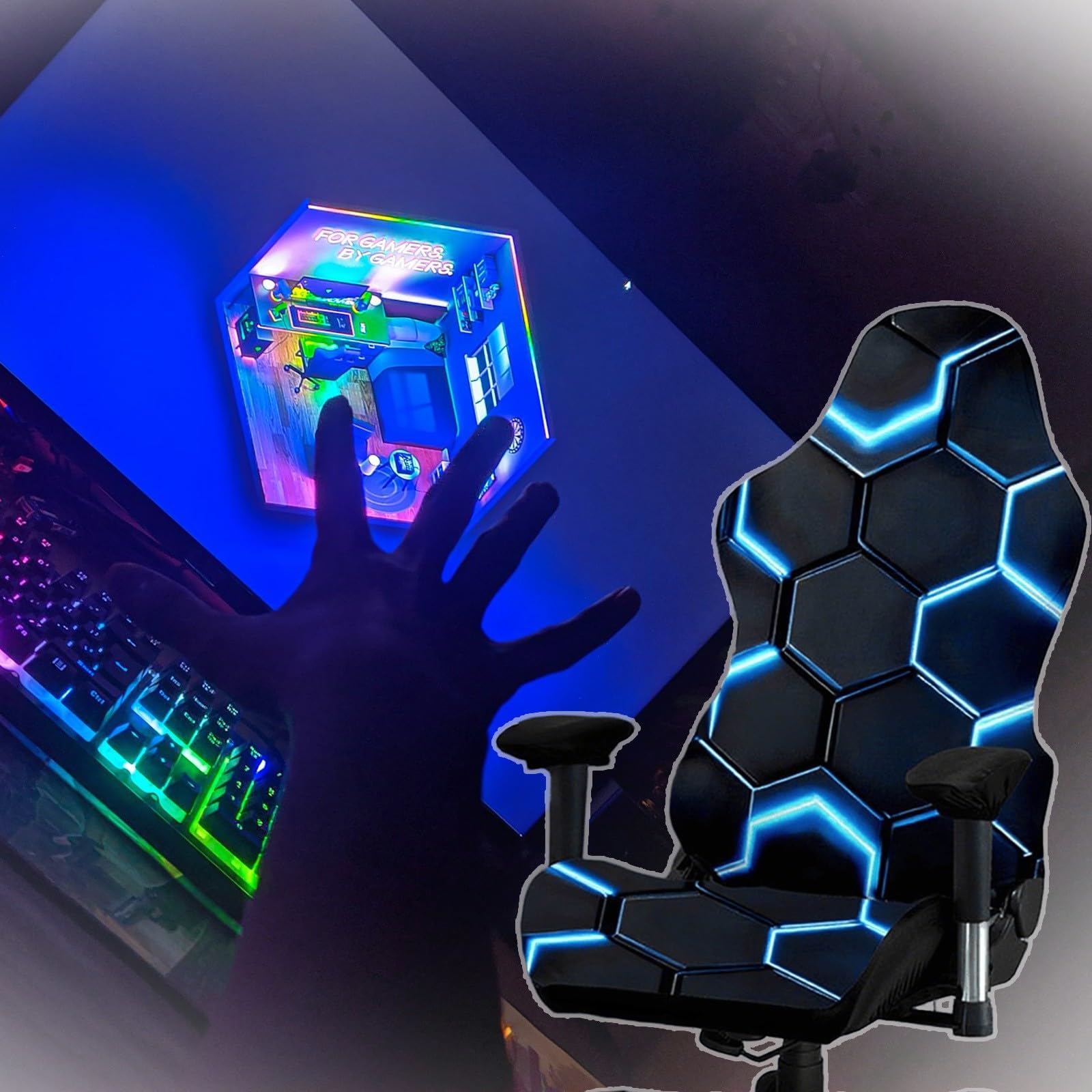 Funda para Silla Gaming, elástica, con Estampado de líneas y Dos reposabrazos para sillones Juego reclinables de Carreras(Gaming Motif C)