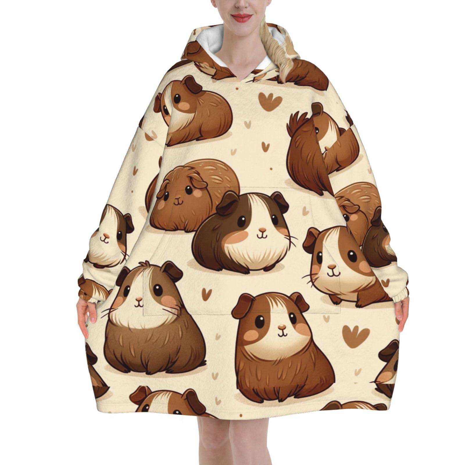 Waficac Unisex As Pic Oversized Flannel Wearable Blanket Hoodie For Adult Lovely Guinea Pig Soft Fuzzy Hooded Lounging Pullover