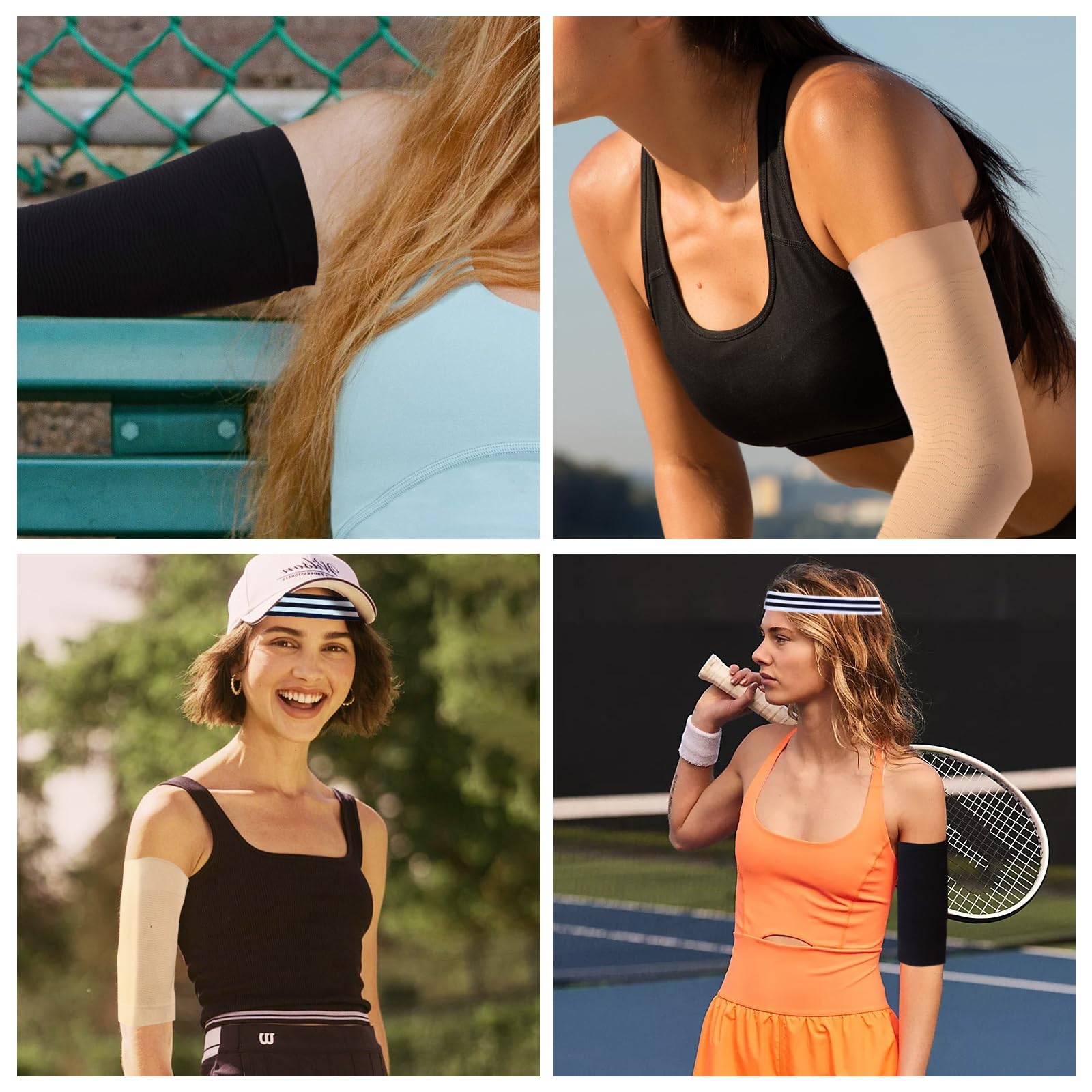 2 Paare Oberarm Bandage, Kompression Arme Lipödem, Arm Kompression, mit Sport-Stirnband, Schweißabsorbierend und Atmungsaktiv, Geeignet für Ellenbogensport und Fitness (Schwarz/Hautfarbe)
