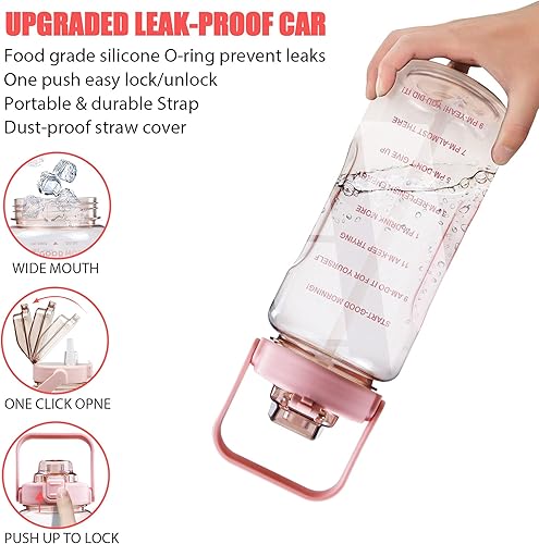 Miniatura 4 de Botella de agua de medio galón con manga, botella de agua motivacional de 64 onzas con popote y marcador de tiempo, botella de agua grande para