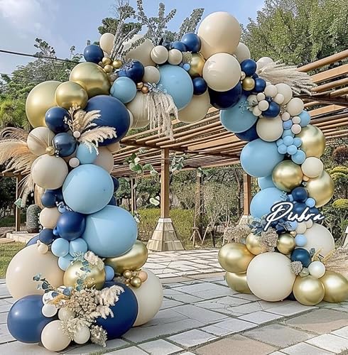 Miniatura 8 de Kit de arco de guirnalda de globos azul marino con globos doble relleno de color azul polvoriento, dorado, blanco, arena, beige, crema, metálico, de