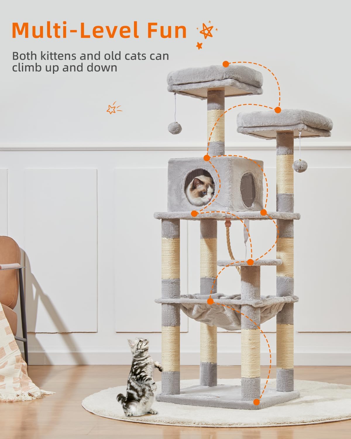review 55-Inch Cat Tree for Cats, Plush Multi-Level Cat Condo with 9 Scratching Posts, 2 Perches, Cave, Hammock, 2 Pompoms, for Indoor Cats MS023SW Light Gray