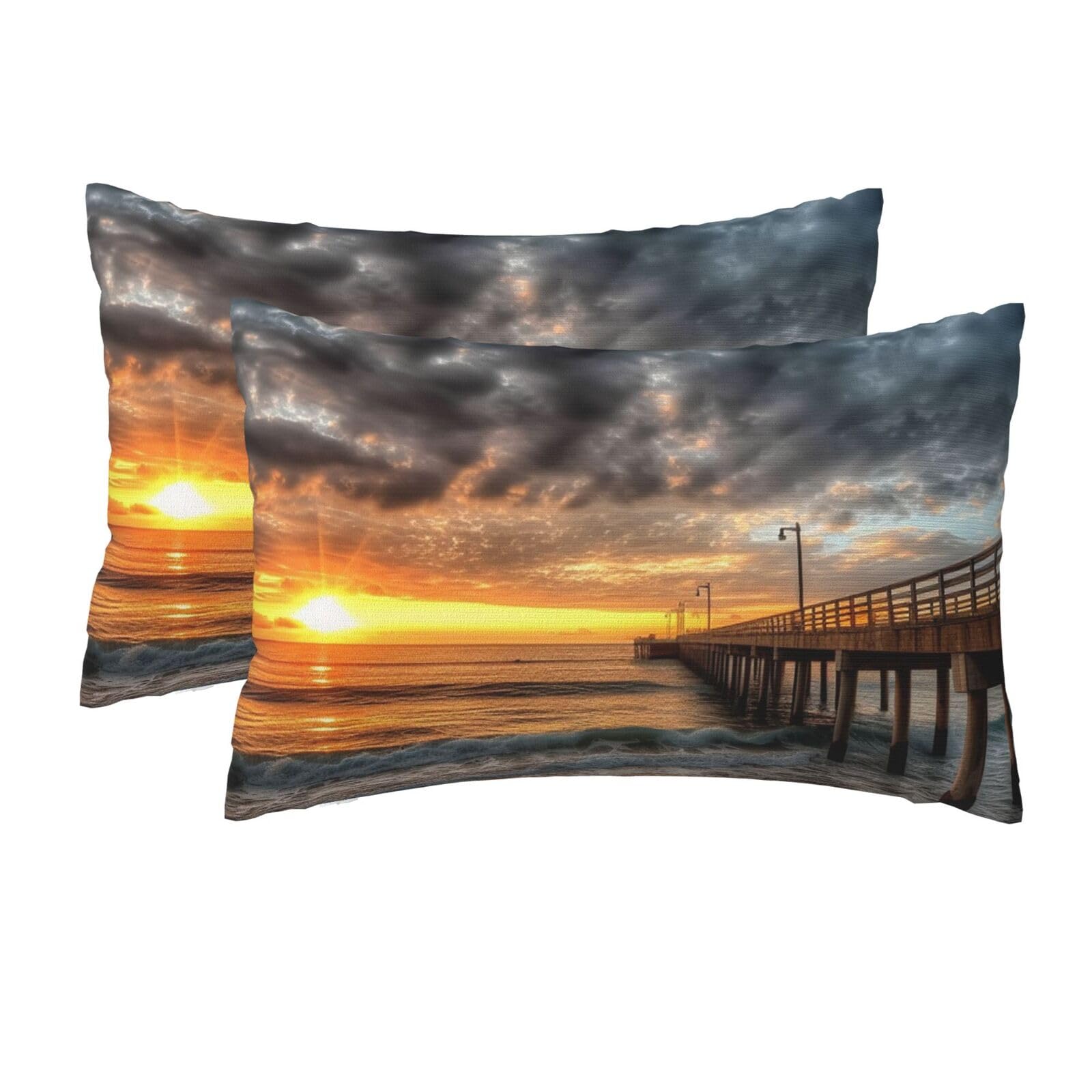 2 Pack Queen Pillow Cases with Hidden Zipper, Soft Breathable Pillow Covers for Hair and Skin, Beach Sea Bridge Clouds Sunset Pillowcases 20"x30" Bed Pillow Protectors Cover for Sleeping Gifts