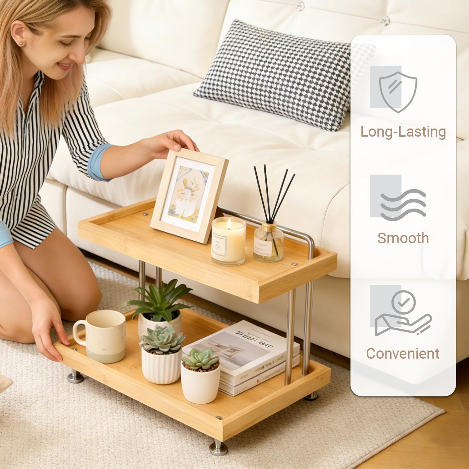 HYNAWIN Bamboo Two-Tier Storage Rack，Tabletop Storage Organizer for Kitchen, Bathroom, Office, and Home Use