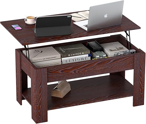 Miniatura 10 de FDW Mesa de Centro Elevable de 39.4 pulgadas con Compartimento Oculto y Estante de Almacenamiento, Tablero de Madera Elevable para Hogar, Sala de
