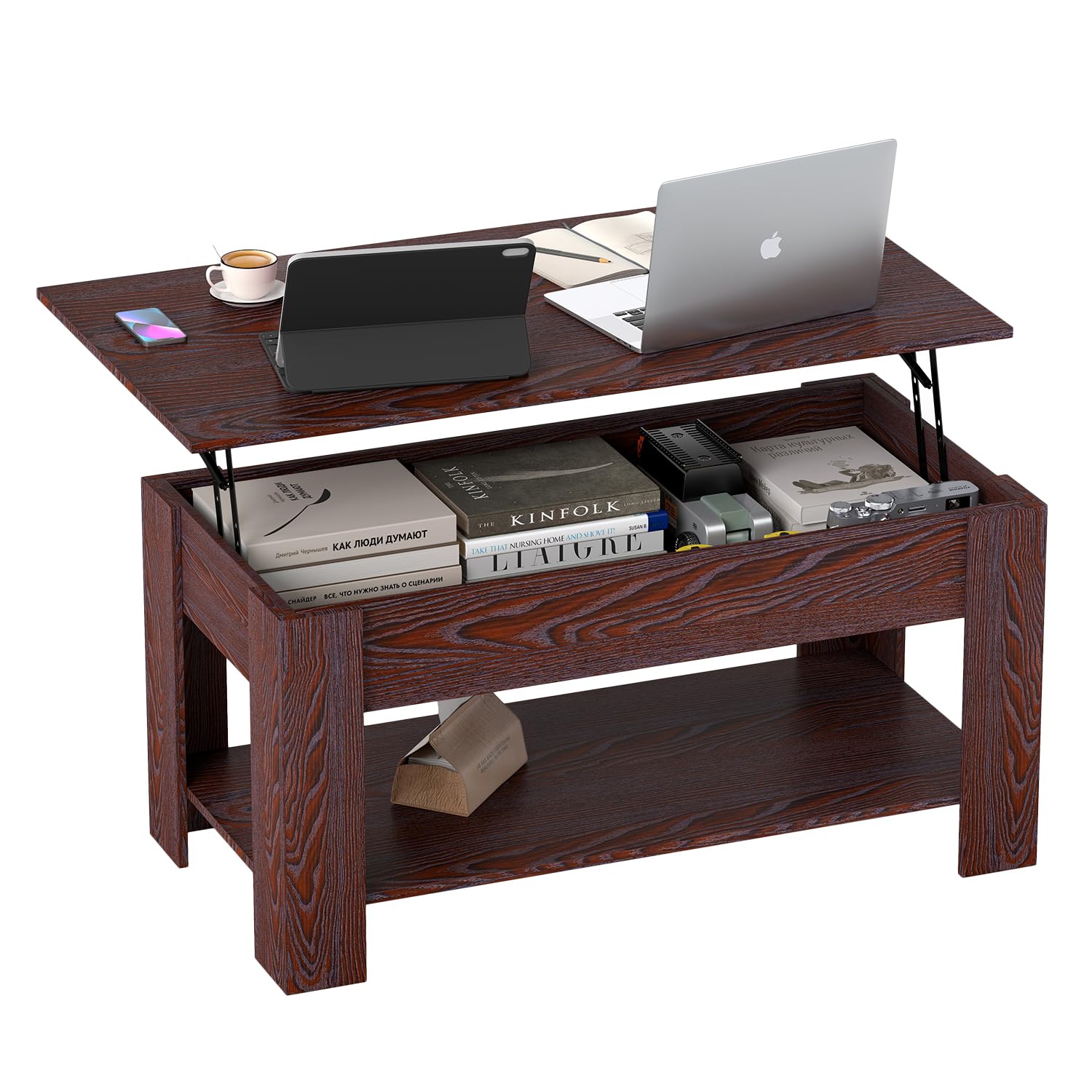 FDW 39.4" 47.2" Lift Top Coffee Table with Hidden Compartment and Storage Shelf Wooden Lift Tabletop for Home Living Room Reception Room Office (Espresso, 39.4 Inches)