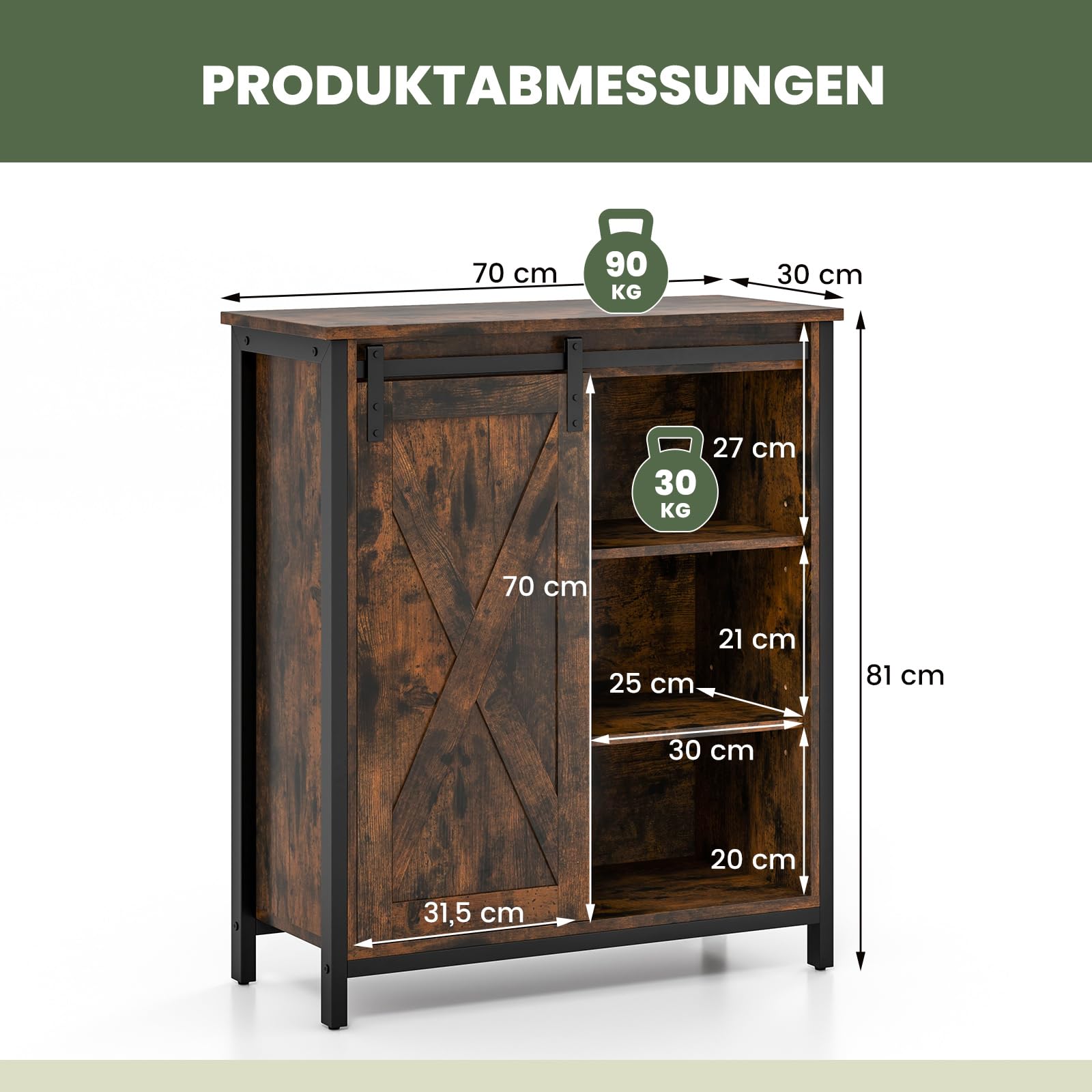 COSTWAY kredens, szafka kuchenna w stylu industrialnym z drzwiami przesuwnymi i 3-stopniowo regulowanymi półkami, komoda drewniana do kuchni, jadalni, salonu lub korytarza, 70 x 30 x 81 cm, brązowy