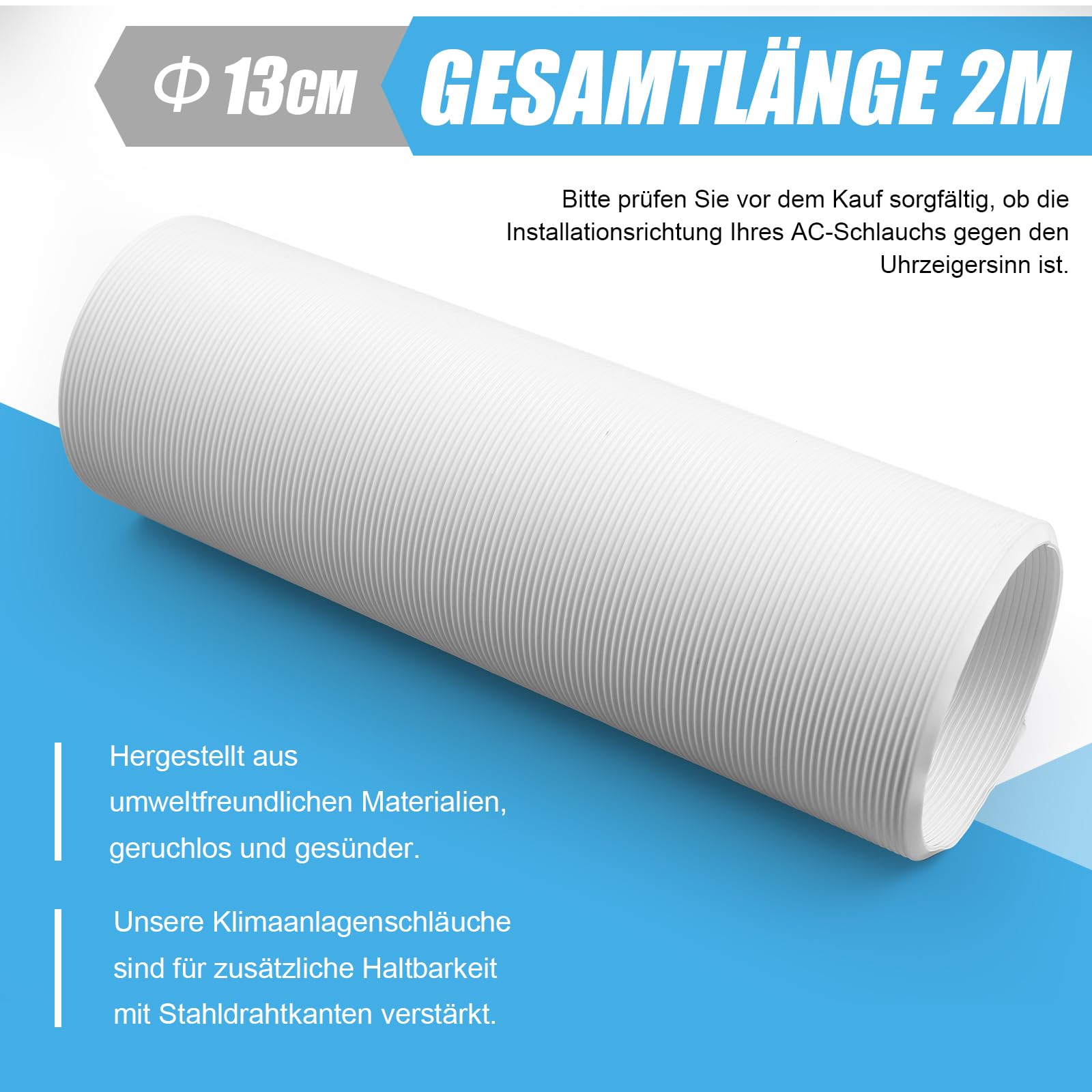 Tuyau d'Échappement de Climatiseur Portable Ø 130mm / 2m, Tuyau Kit Climatiseur Mobile Flexible, Tuyau D'éVacuation Universel pour Climatisation, Sèche-Linge, Déshumidificateurs