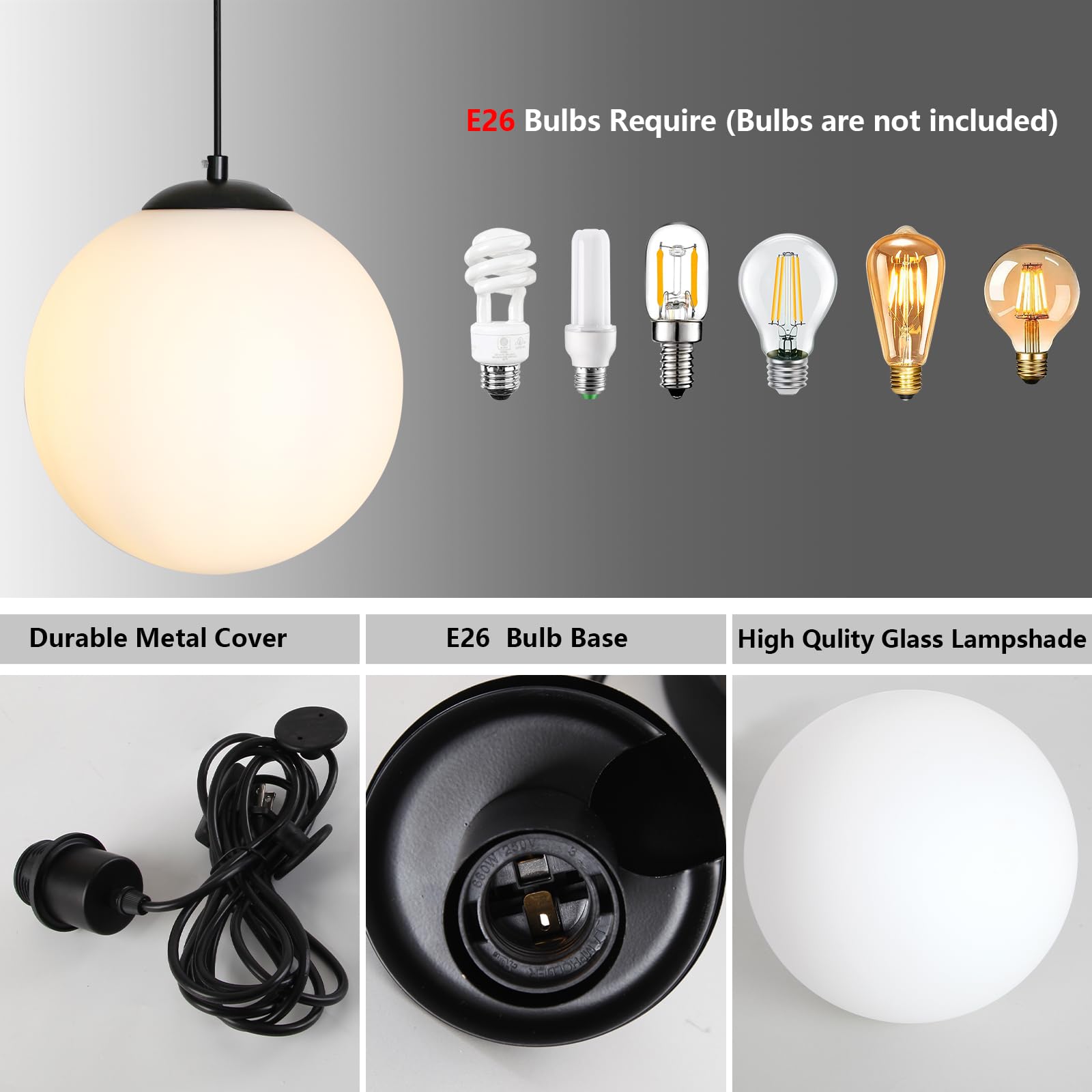 Luces colgantes con forma de globo – Lámpara negra de mediados de siglo con vidrio de leche, lámpara de techo moderna, lámpara colgante grande para cocina, dormitorio, sala de estar, comedor, 6