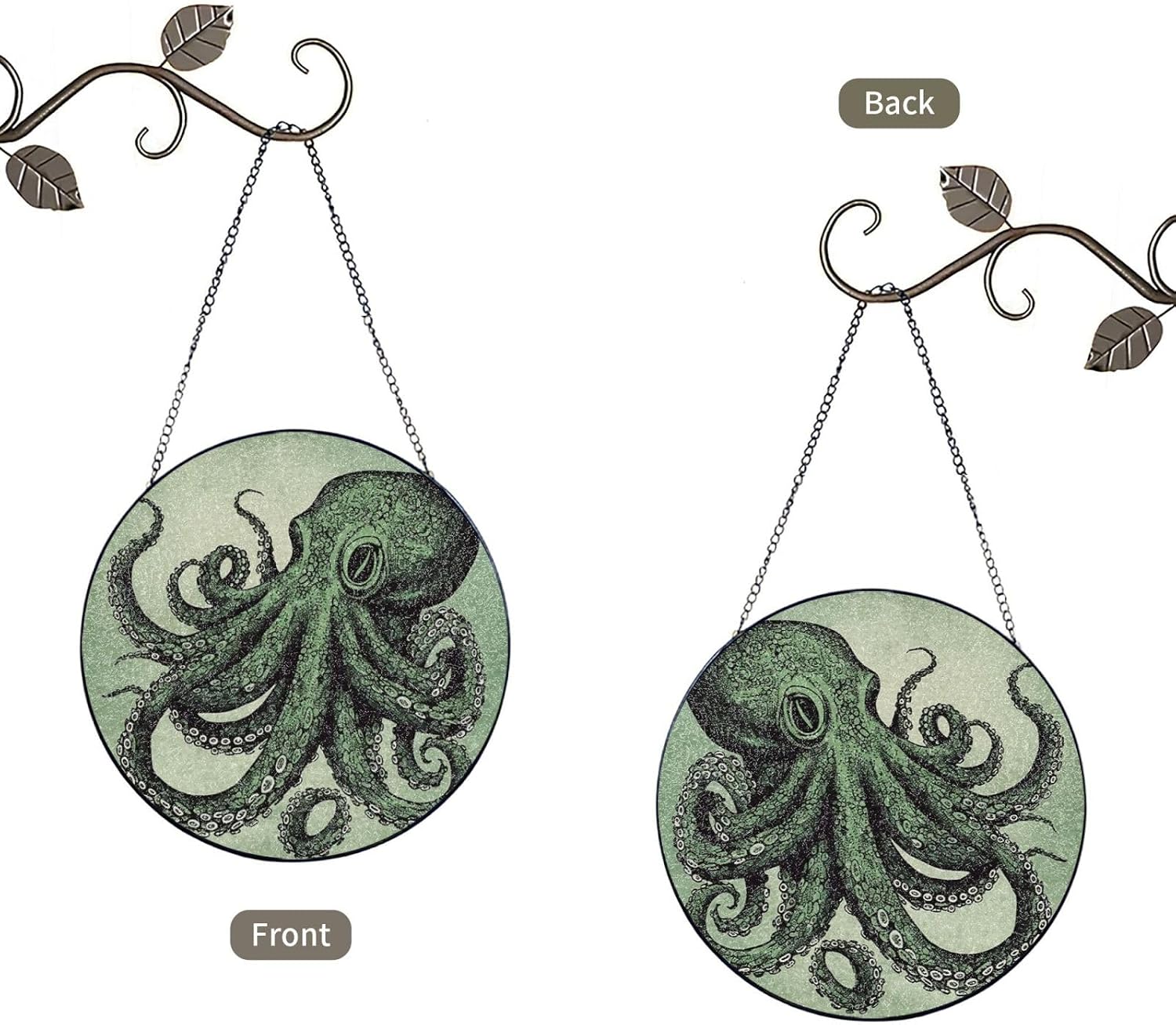 Stained Glass Window Hanging 6in（15cm）, Green Octopus Glass Suncatcher for Home Decor, Indoor Wall Art Glass Panel with Metal Chain and Hooks, Sun Catcher Ornament Birthday Gifts