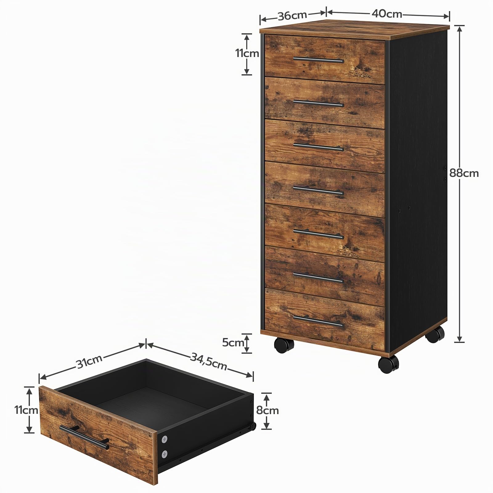 HOOBRO Armoire de classement à roulettes avec 7 tiroirs, en Bois, Commode de Rangement, Style Industriel, Facile à Monter, Marron Rustique et Noir EBF07WJ01