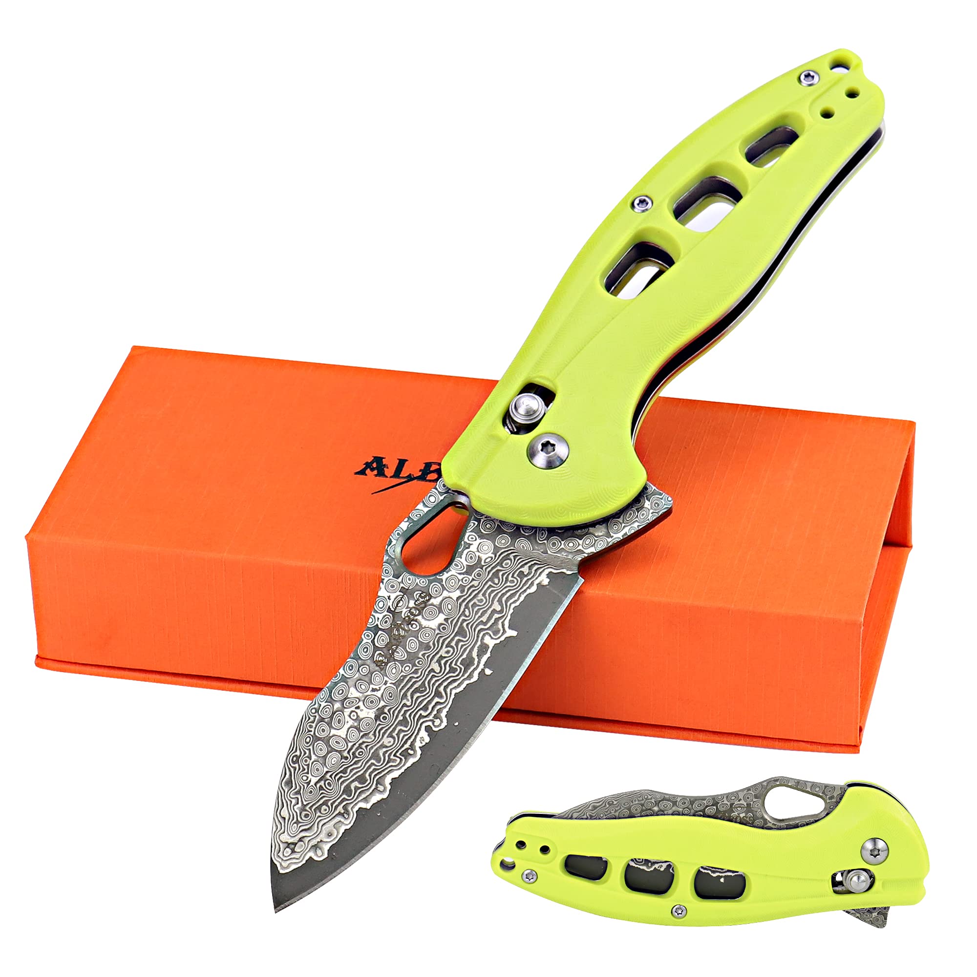 Sponsored Ad - ALBATROSS Cool Flipper Axis Lock Opening Folding Pocket Knife with 3" Modern Damascus Steel Blade and 4.25" High Strength FRN Handle, Deep Carry Pocket Clip - Gifts Box FK036DA-GN