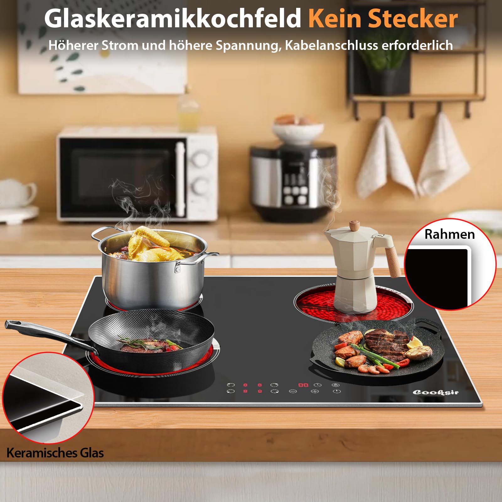 Glaskeramikkochfeld 4 Platten 60cm Einbau Kochfeld Autark 6000 Watt 9 Leistungsstufen Edelstahlrahmen Sicherheitsschloss 220V