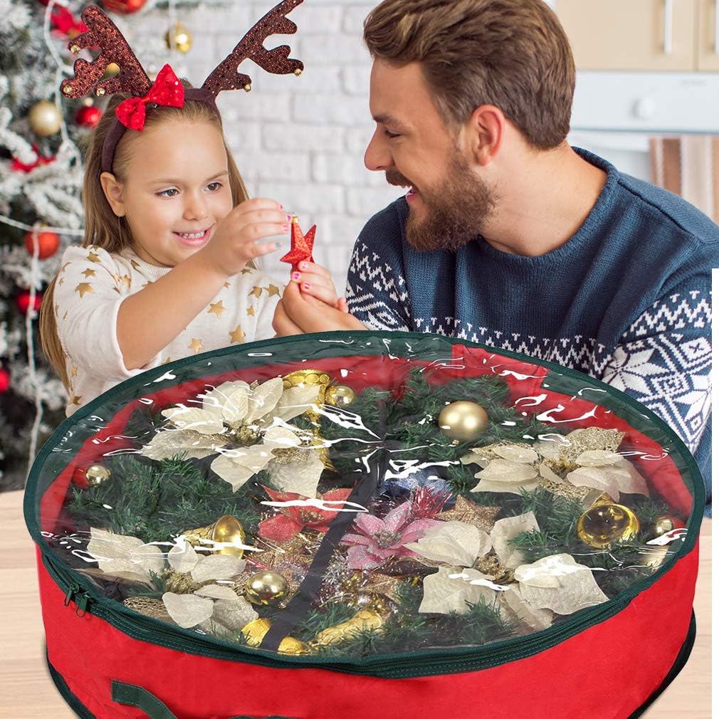 Primode Christmas Wreath Storage Bag 36" | Garland Wreaths Container with Clear Window for Easy Holiday Storage | Durable 600D Oxford Material (Red)