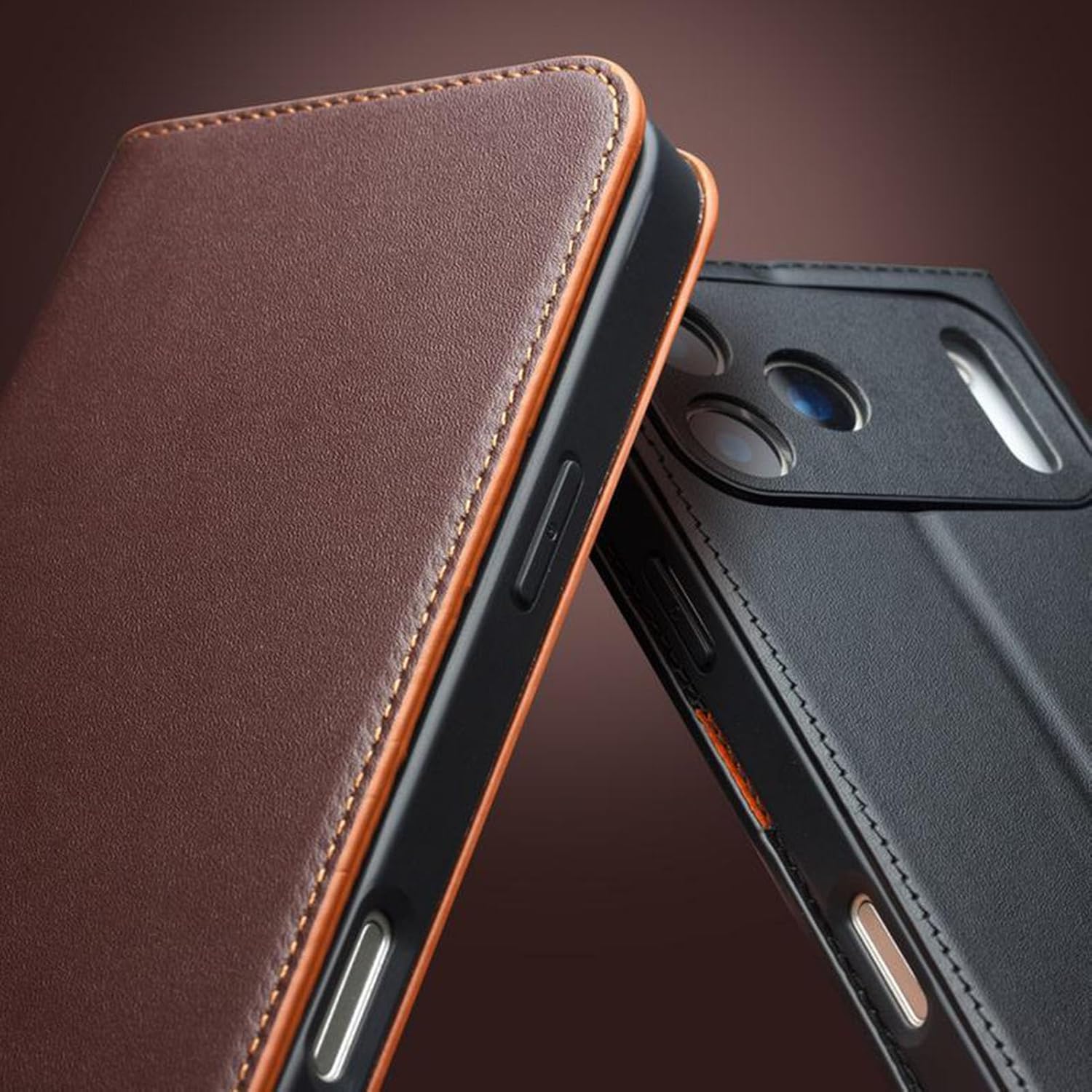 Genuine Leather Case for iPhone 17/17 Air/17 Pro/17 Pro Max, Handmade Wallet Flip Folio Phone Case Camera Protection Business Cover Brown