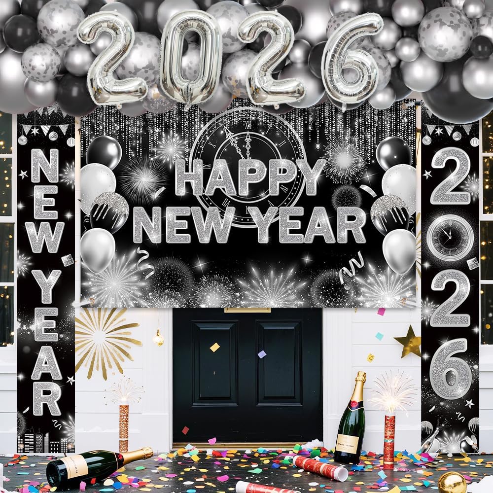 75Pcs Black and Silver New Years Decorations 2026 Happy New Year Decorations Kit Banner, Balloon Arch and New Year Porch Banner for 2026 New Years Eve Party Supplies - Image 5