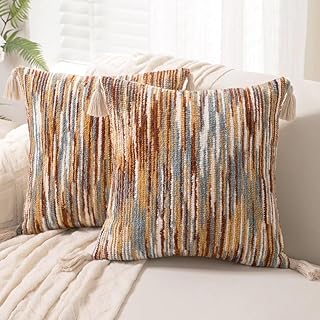 WANLIRD Boho Throw Pillow Covers 18x18 Set of 2 Woven Tufted Farmhouse Pillows Cover with Tassels Textured Striped Cushion...
