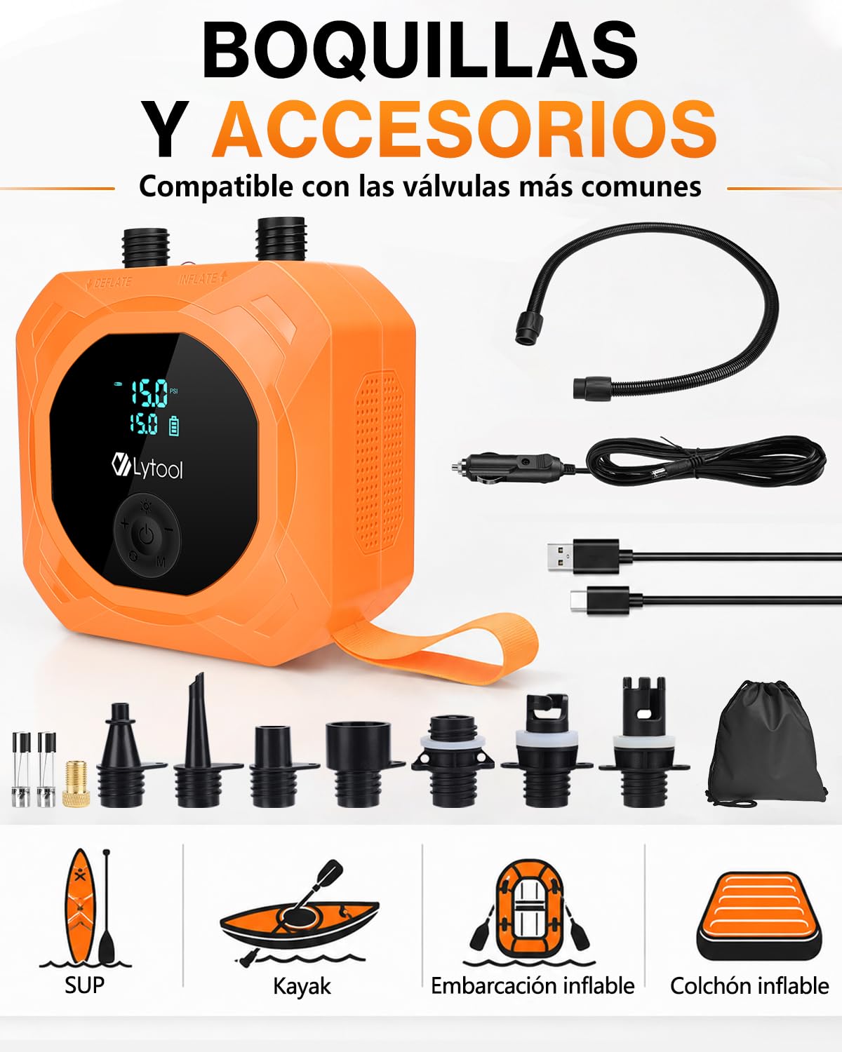 Lytool 50PSI Bomba de Aire Inteligente para Sup, 12000mAh Batería Recargable y Inflado/Desinflado Inteligente, Apagado Automático, Ideal para Tablas de Paddle, Cometas, Tiendas de Campaña y Colchones