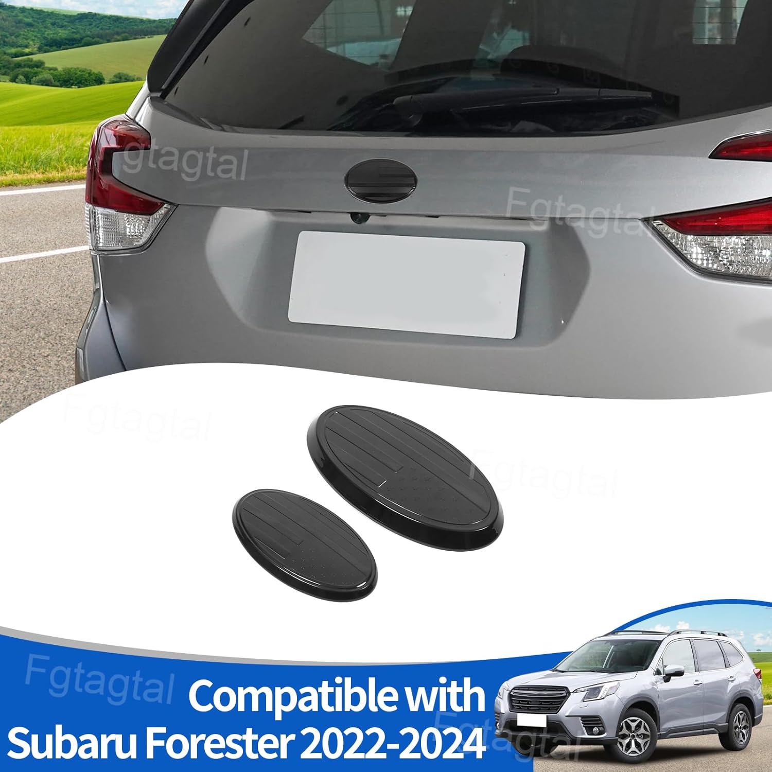 Rear and Front Emblems Trim Cover Fit for Subaru Forester 2022-2024, ABS Front Rear Logo Trim Cover, Front Hood Rear Trunk Emblem Decorative Accessories, 2PCS, with American Flag Pattern