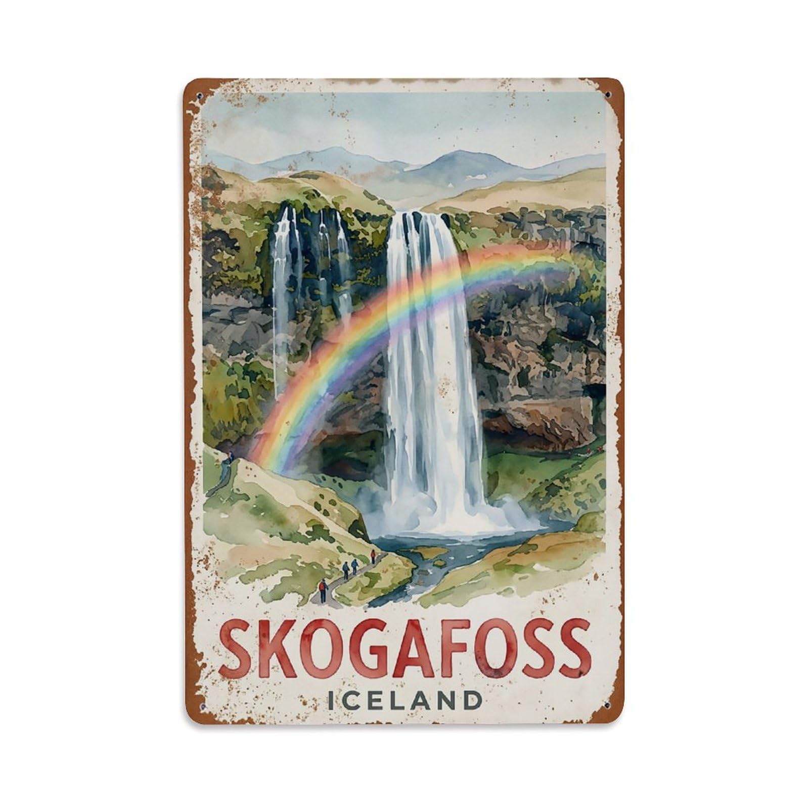 Vintage Travel Skogafoss Iceland Rainbow Metal Tin Sign