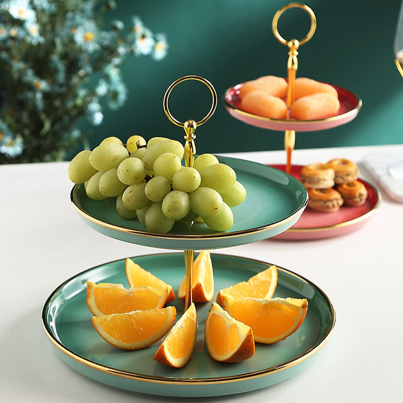 Alzatina per dolci Torta a 2 livelli con impugnatura ad anello Tavolo da dessert in ceramica Staccabile Cupcake Stand Multi-Color Pasticceria Vassoio Cupcake Display stand Alzata per Torta