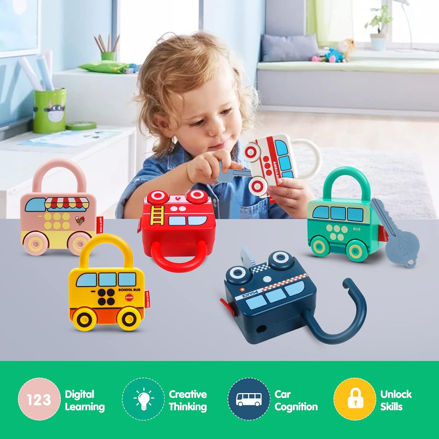 Juguete Educativo Con Cerradura Y Llave Para Niños – Set De 6 Piezas De Colores, Números Y Vehículos, Ideal Para Viajes, Motricidad Fina Y Aprendizaje Preescolar (1-5 Años)