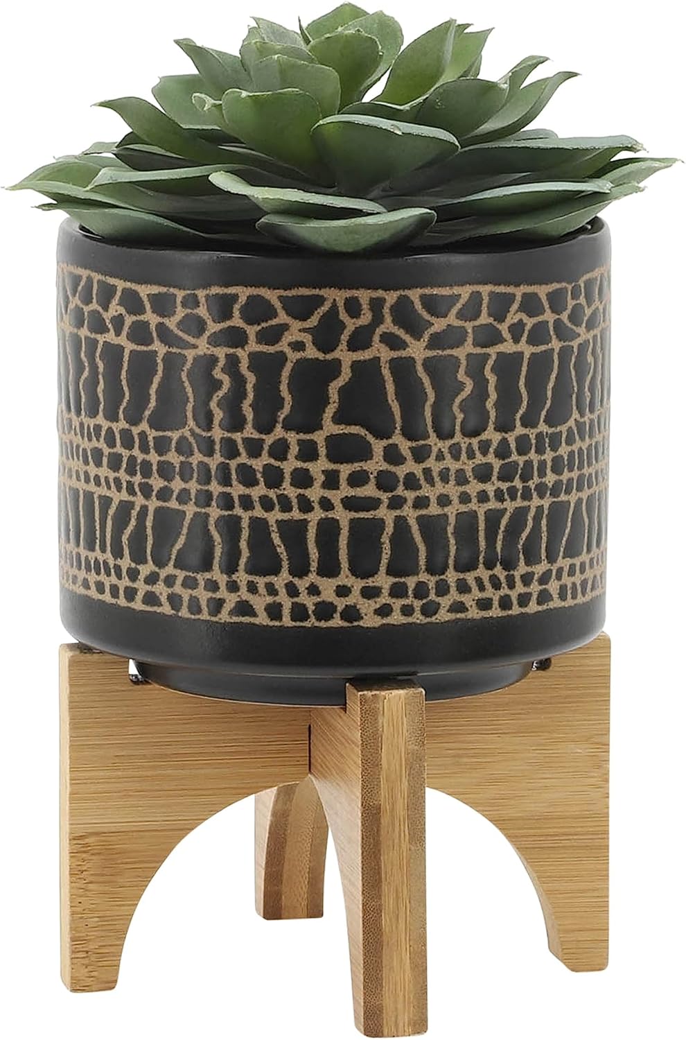 Set of 2 Glazed Decorative Planter Pot with Bamboo Wood Stand – Ceramic Stoneware Outdoor & Indoor Plant Pot – Modern Garden & Home Decor Planters – 7" & 11", Black