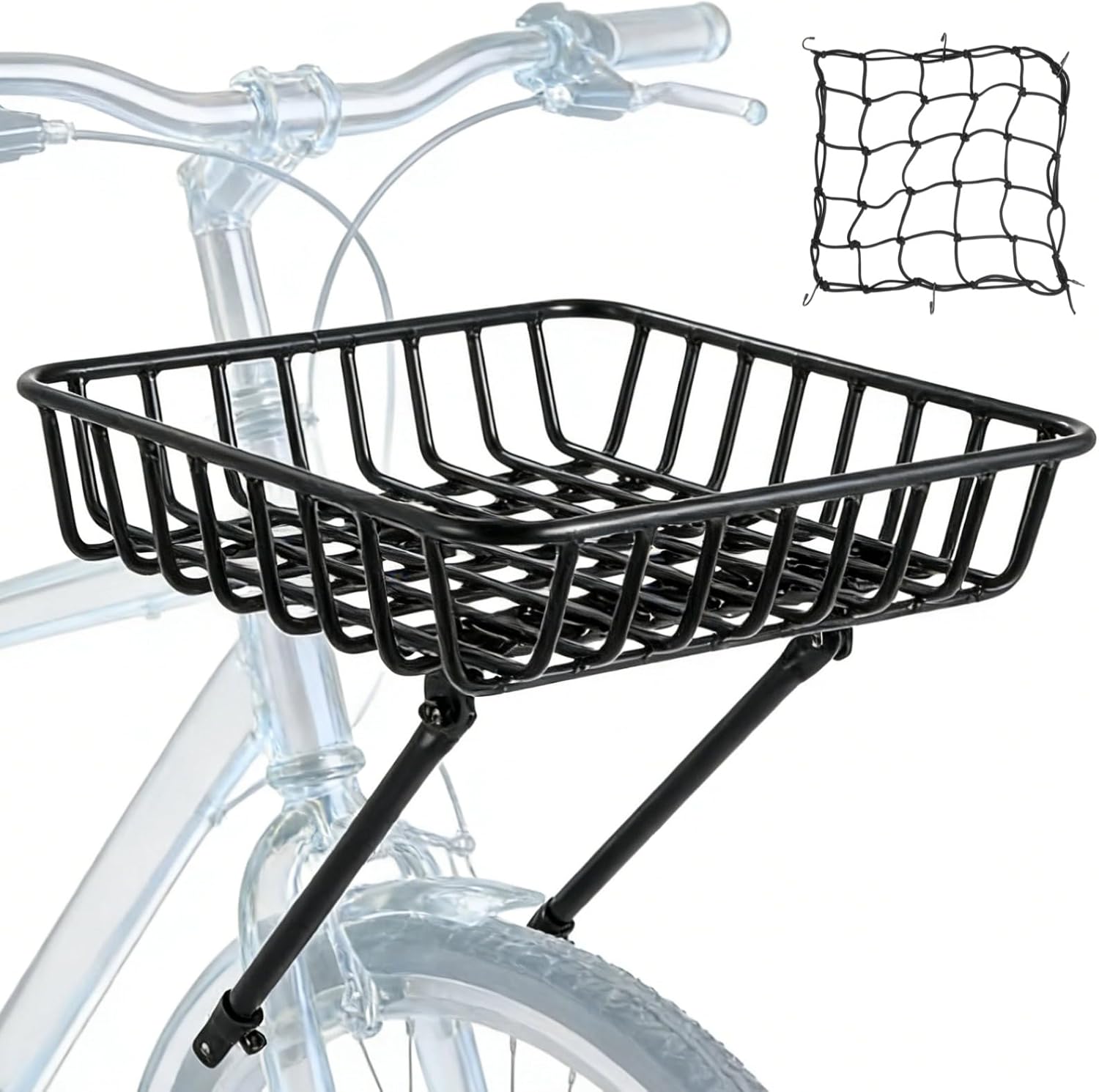 Front Bike Basket Rack, Large Aluminum Alloy Front Bicycle Basket with Struts, Cargo Net, and Hardware, 11-15.4" Adjustable Support Legs, Fits 26-29 in Bicycles