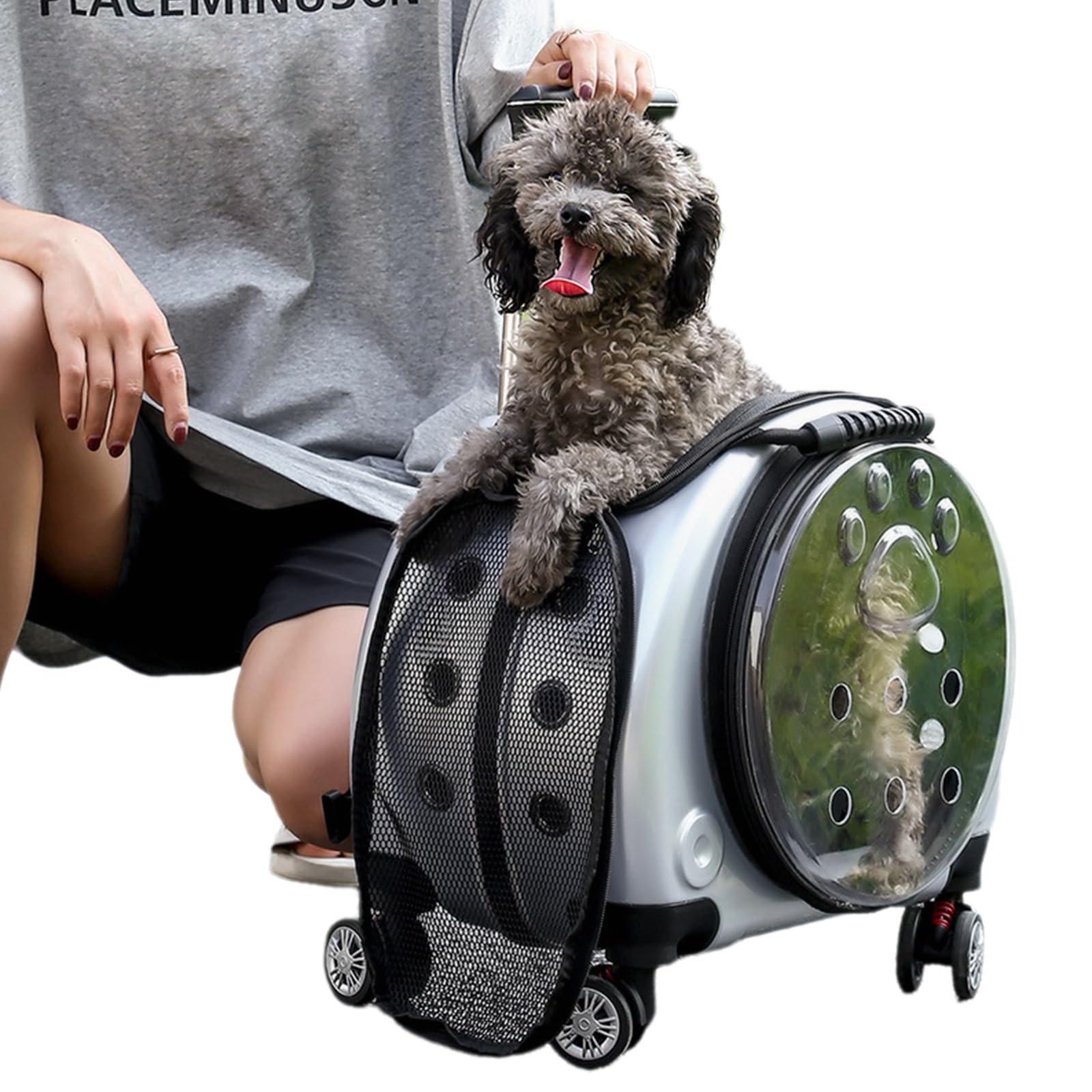 Mochila Perro, Transportin Gato con Ruedas y Varilla Telescópica, Diseño Ventilado para Viajes, Senderismo y Uso al Aire Libre(Rose)